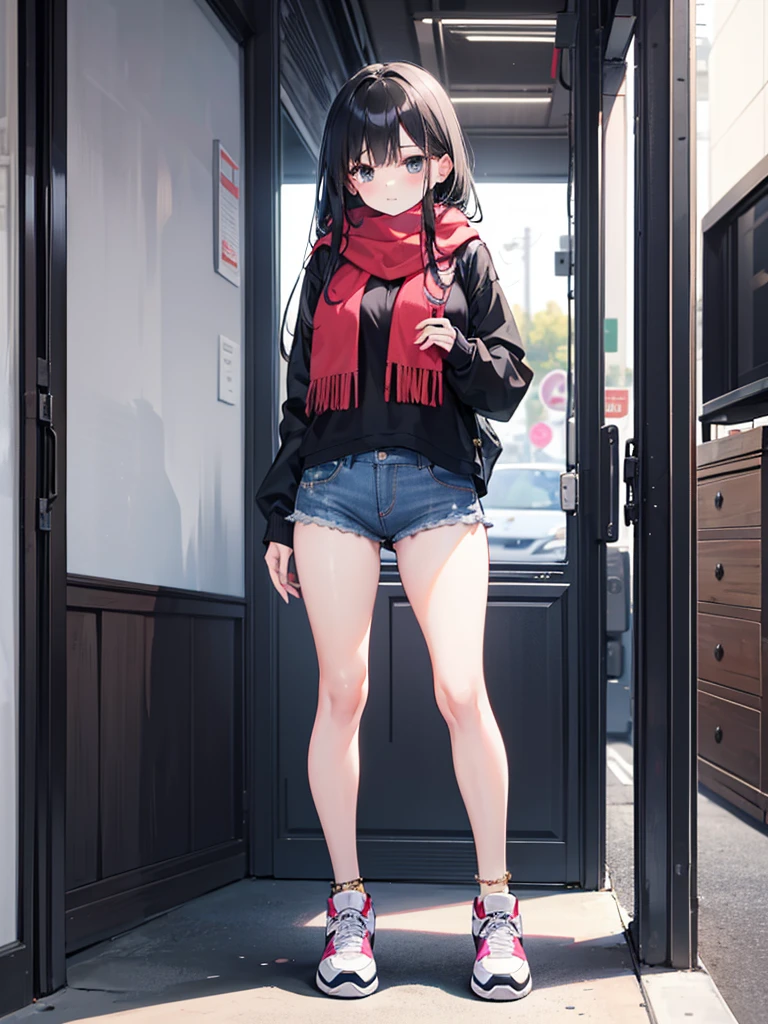 1girl,,legwear,,anklet,black hair,straight_hair,hime cut,long hair,sneakers,huge filesize,scarf，jeans