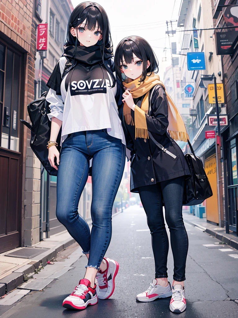 1girl,,legwear,,anklet,black hair,straight_hair,hime cut,long hair,sneakers,huge filesize,scarf,jeans