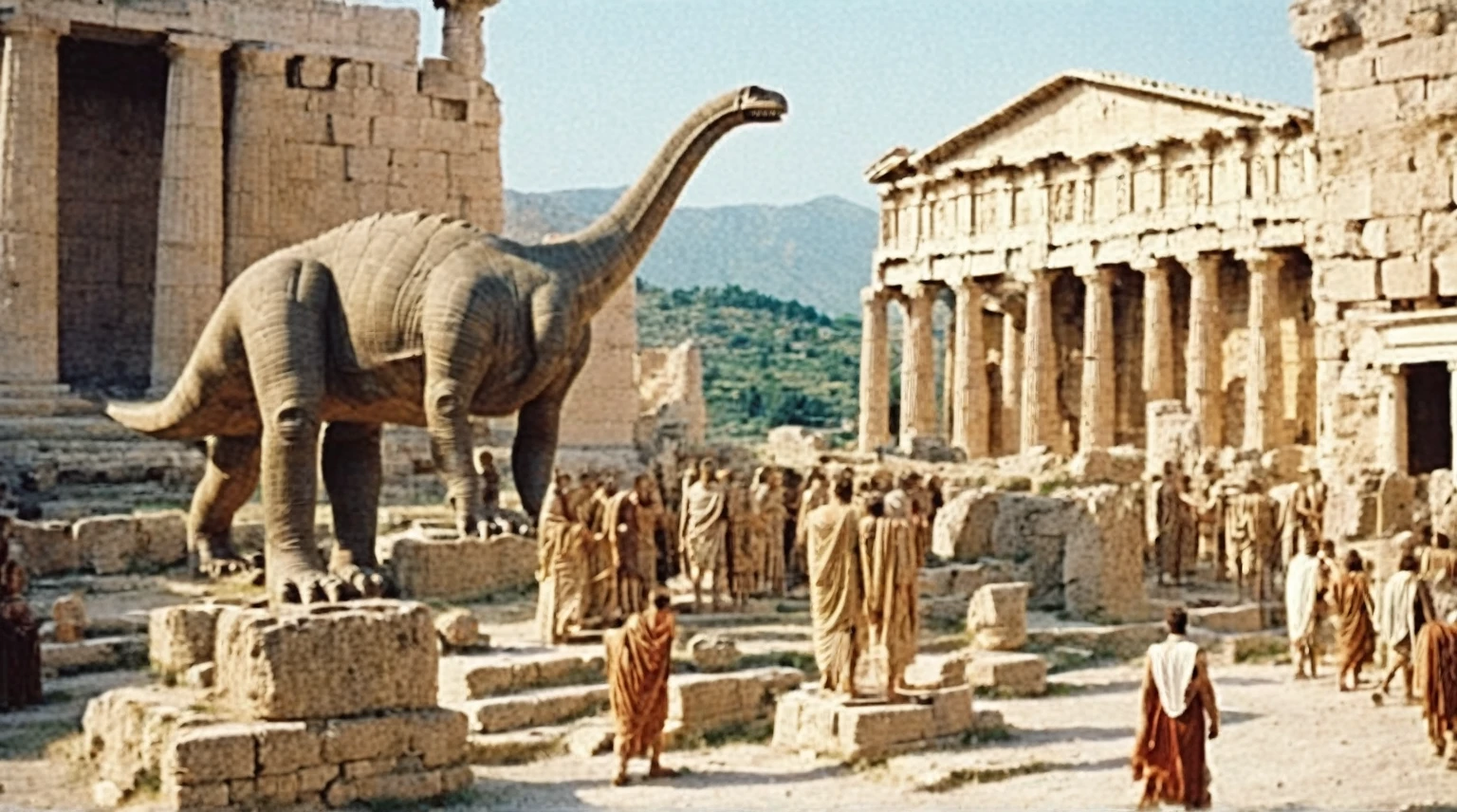 grainy old 35mm vintage, there is a large ancient roman city with dinosaurs and people, Ancient Greece Olympus Zeus-god appearing in god-ray, vast scenery