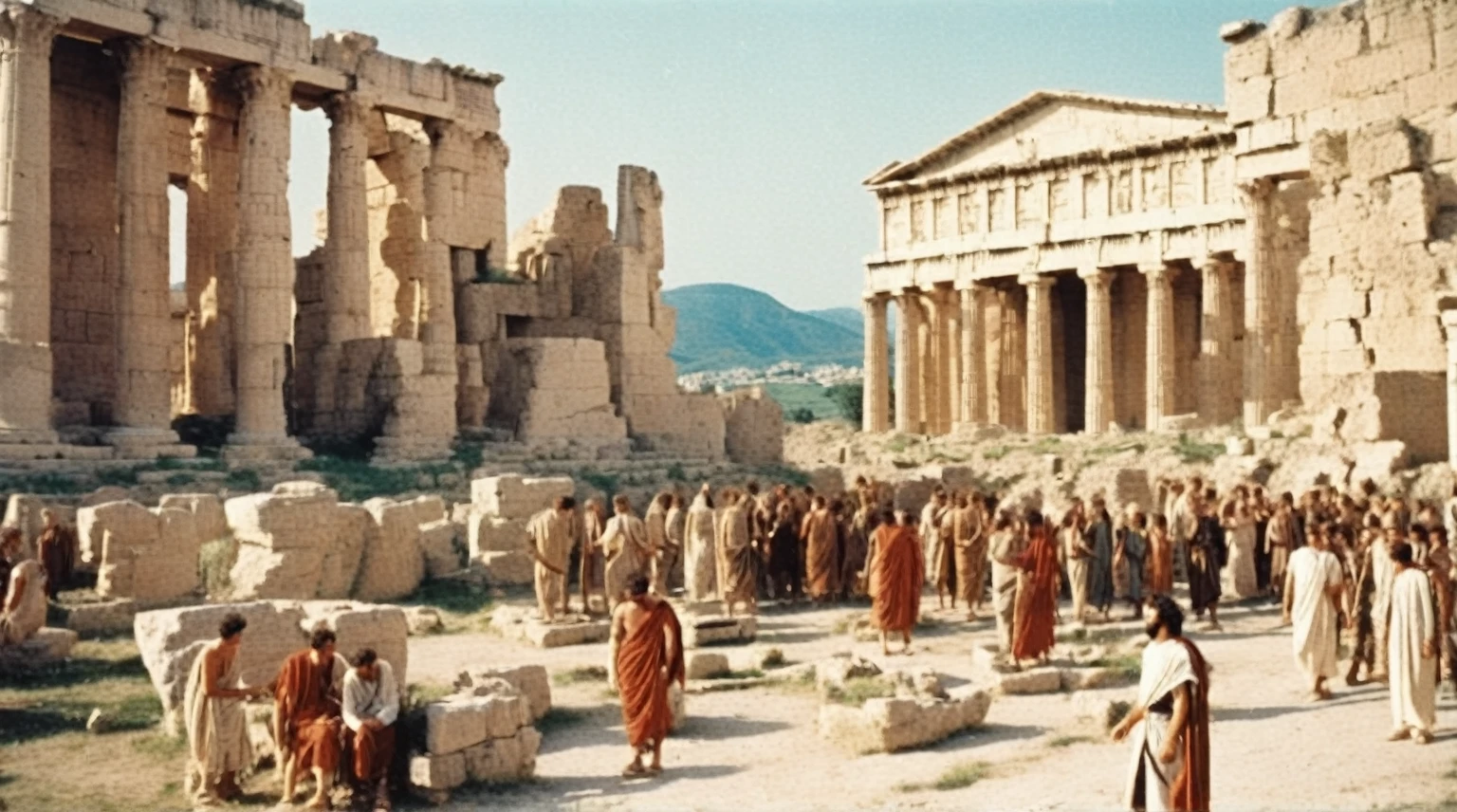 grainy old 35mm vintage, there is a large ancient roman city with dinosaurs and people, Ancient Greece Olympus Zeus-god appearing in god-ray, vast scenery