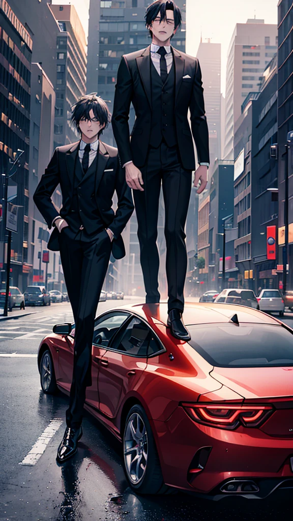 arafed man in a suit leaning on a car in a city, digital art by Yang J, trending on cg society, digital art, black luxurious suit, man in black suit, luxurious suit, neo - noir style, stylish suit, wearing a stylish men's suit, black suit, 3-piece-suit, formal attire, handsome and elegant