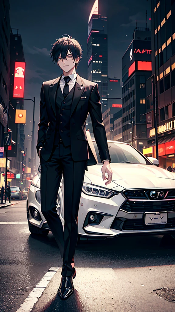 arafed man in a suit leaning on a car in a city, digital art by Yang J, trending on cg society, digital art, black luxurious suit, man in black suit, luxurious suit, neo - noir style, stylish suit, wearing a stylish men's suit, black suit, 3-piece-suit, formal attire, handsome and elegant