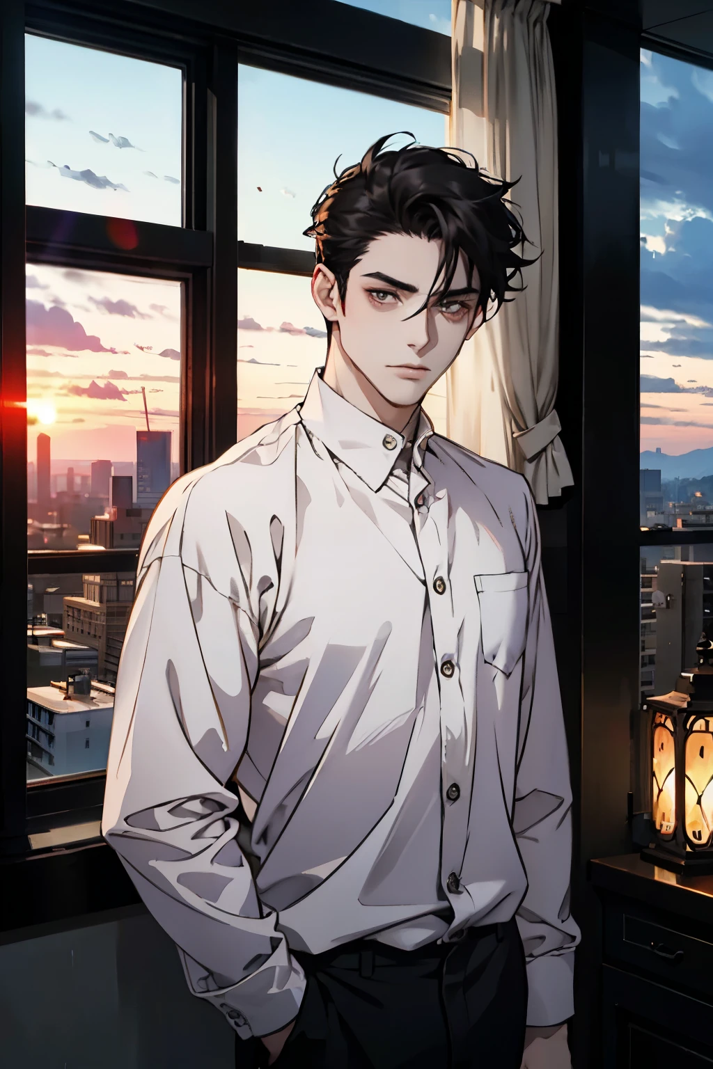 A dark-haired man stands by the window in the house，Looking outside with a haggard look，Pale complexion，The brilliant sunset outside the window