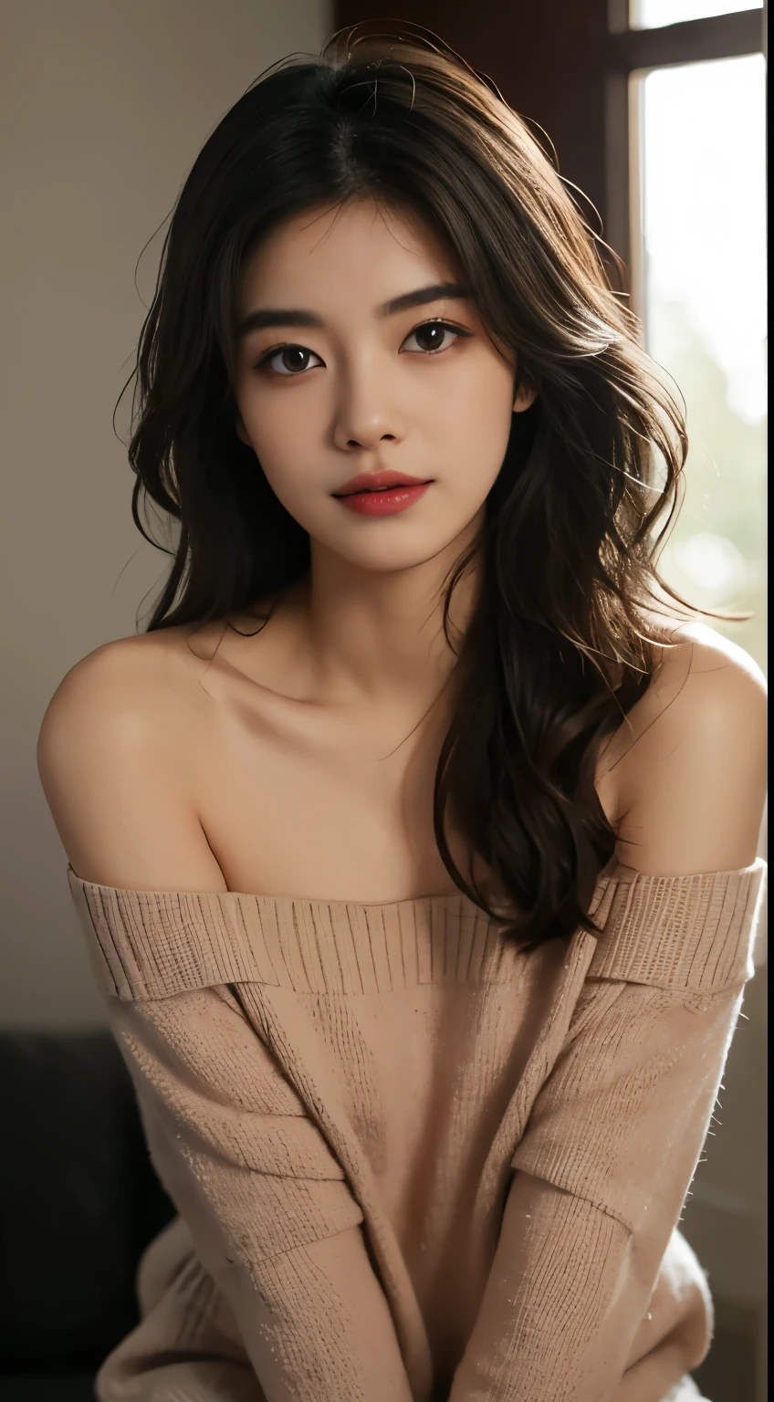 Create a photorealistic image of a beautiful Asian woman with fair, smooth, flawless skin. She has large, round, sparkling eyes with naturally long and curled eyelashes, and well-defined, dark eyebrows. Her nose is straight and high, and her naturally pink, soft lips form a gentle smile. She has short, slightly curled brown hair that highlights her delicate facial features. Her face is oval-shaped, with a wide and high forehead, moderately high cheekbones, and a pointed, slender chin. She is wearing a soft pink sweater relaxed neckline that casually drapes off one shoulder, exposing slender shoulders with ((black trap)), highlighted by the rays of light creating a radiant effect on her skin. The overall atmosphere is serene and intimate, capturing a peaceful moment of solitude and the beauty of the light, mid-shot ,(( light rays)) warm atmosphere