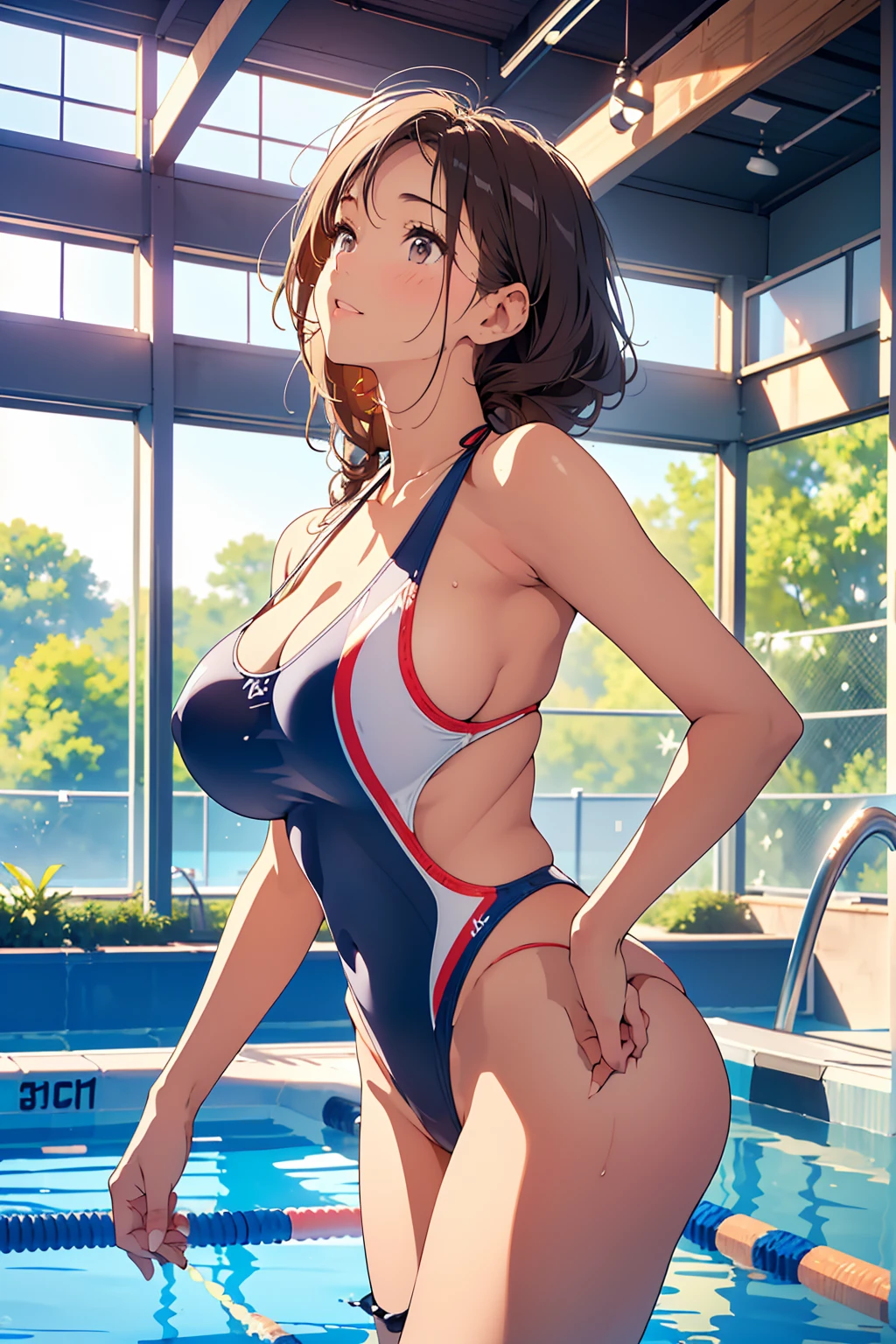 (masterpiece1.5), ultra quality, ultra detail, Perfect drawing, 20age, adult lady, Beautuful Women, cute face, lustrous beautiful skin, Gentle smile、(((Beautiful competition swimsuit))), (((Competitive swimsuit)), cute,(((Athlete Swimwear))), Huge ass, beautiful ass, huge breasts, cleavage, perfect body, ((round and big buttocks)), 3d, 8K illustrations, ((clearface)), Hi-Res, Indoor practice field, (((Indoor pool))), nice background, beatiful backgrounds, spot light, side shooting, (((Detailed drawing)))、Perfect Beautiful Girl、(((Perfect Photo))), (((Looking up))),