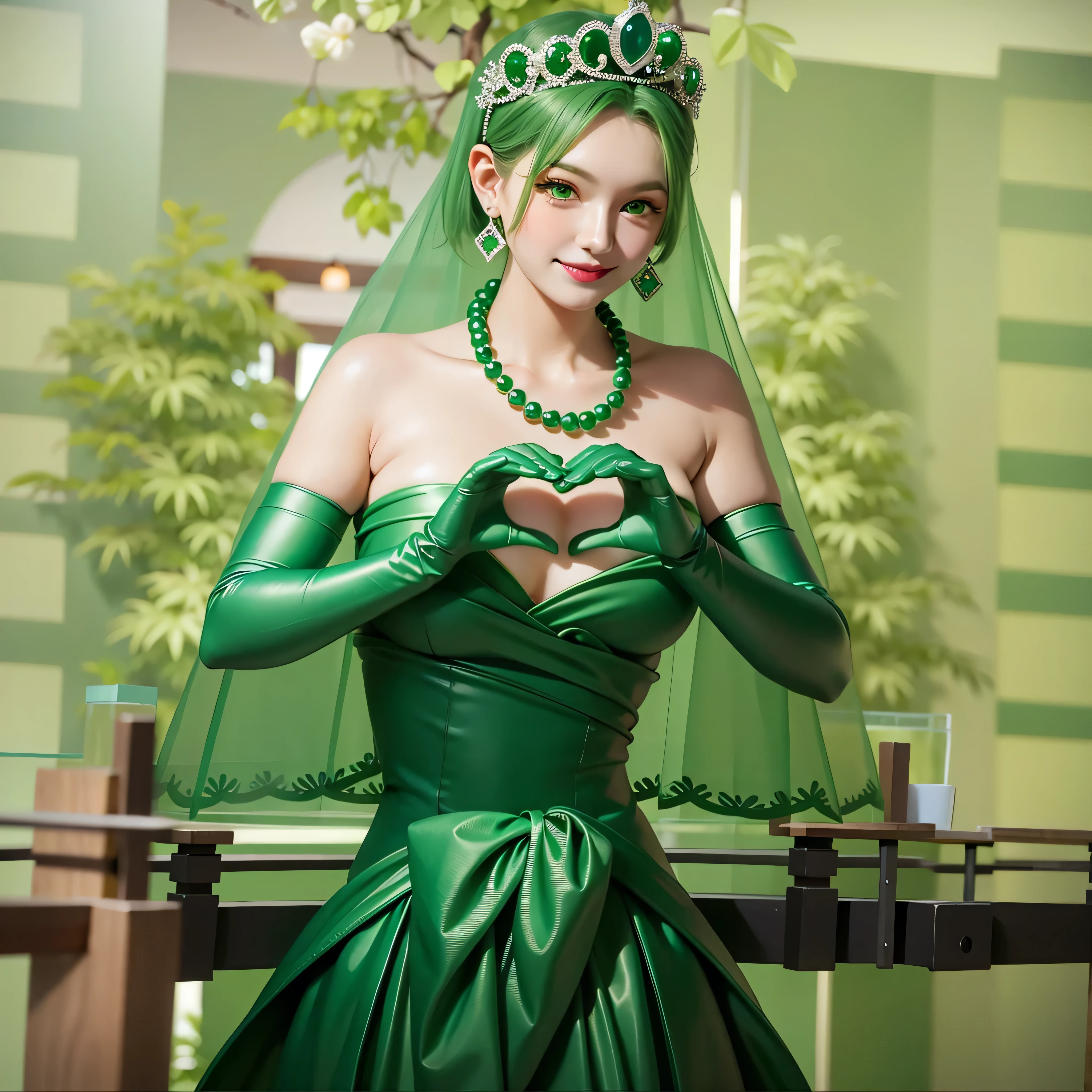 emerald tiara, Green Pearl Necklace, Boyish very short green hair, Green Lips, Smiling Japanese woman, Very short hair, Busty beautiful lady, Green Eyes, Green satin long gloves, Green Eyes, Emerald Earrings, Green veil, Heart with both hands, Green Hair, Beautiful Japanese Woman, Heart shaped hands:1.3, green lip gloss