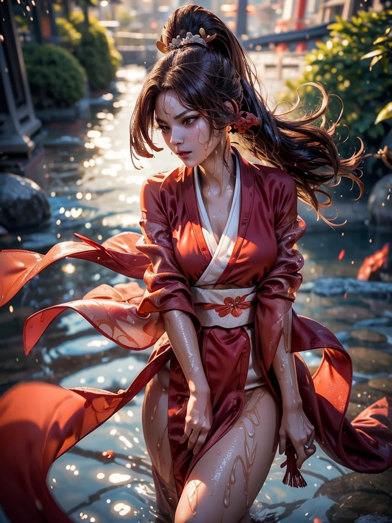 (exquisitely detailed CG unity 8k wallpaper, masterpiece-quality with stunning realism), (best illumination, best shadow), (best quality), (elegant style:1.2), Arti modern anime. angled view, heroic pose, midshot, (cel-shading style:1.3), centered image, ultra detailed closeup portrait of (Mai Shiranui:1) from (King of Fighters), best quality, expressive eyes, perfect face, highres, (ultra details), 1 girl, solo, brown hair, hair ornament, eyeshadow, gold, white and red qipao, highly ornamented, in the city of Japan, portrait, looking at the viewer, piercing eyes, full body, (light from the angle:1) (wind blowing:1.2).(depth of field effects:1.3) (motion action:1.2) (closeup:1.2) (angled closeup photography:1), (motion blur effects:1), wide angles, spreading feet, Thin to transparent,see-through,(((Soggy-kimono:1.2))),Lace fabric, (((water-immersed body: 0.9))),jewelry, relaxing pose, (dress on fire:.7), ((Leaning forward:1)), (pretty young face:1) (sexy coy expression:1), (makeup:1)