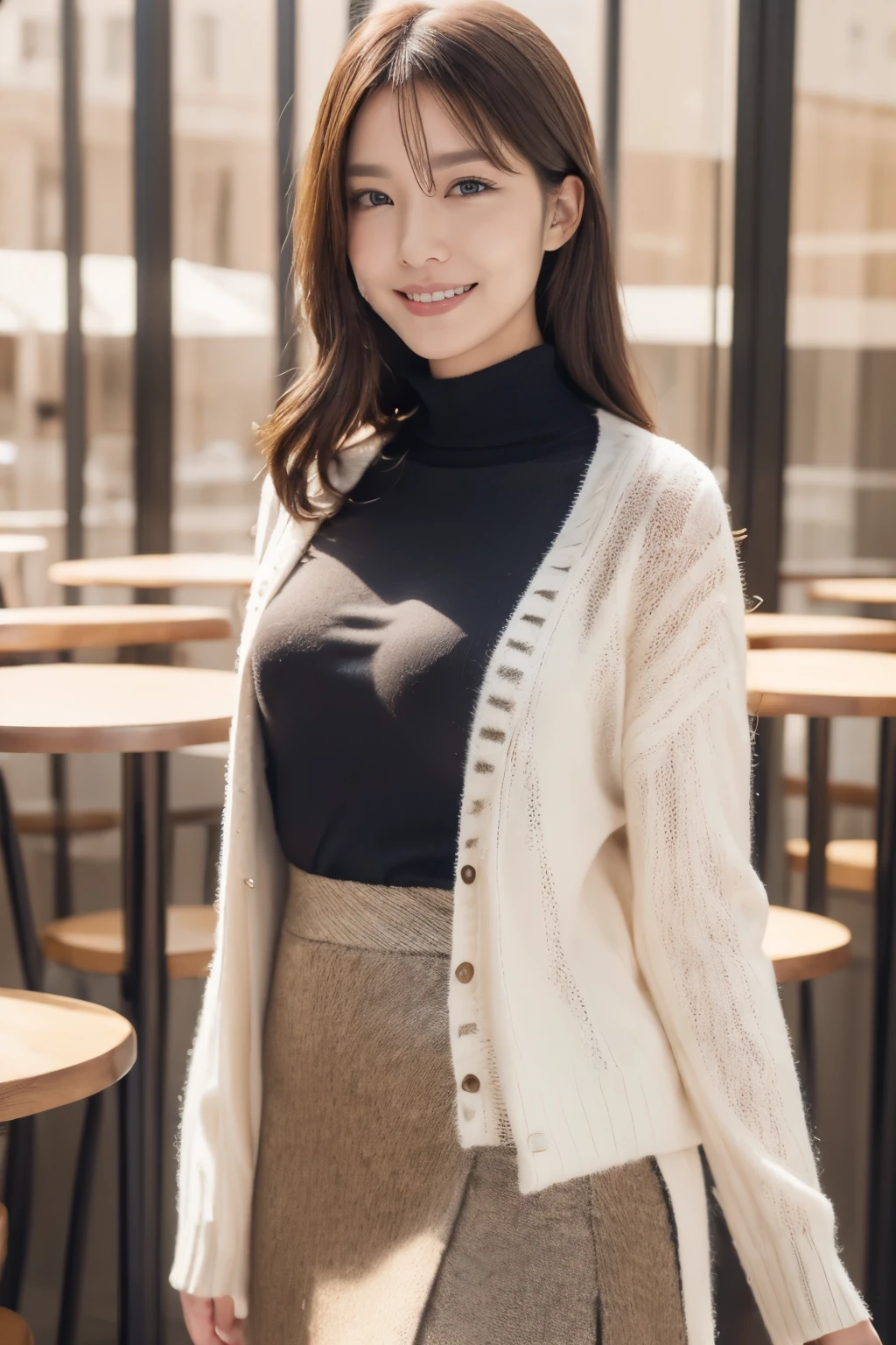 1woman, solo, close up, slender, (( sweater and long elegant shallw colored skirt)) ,((soft smiling)), (best quality,8k,highres,masterpiece:1.3), ultra-detailed, (realistic,photorealistic,photo-realistic:1.37), portrait, cinematic, warm lighting, medium format, golden hour, dramatic shadows, vibrant colors,(( at seaside area )), ((cute posing)),(( in Café))
