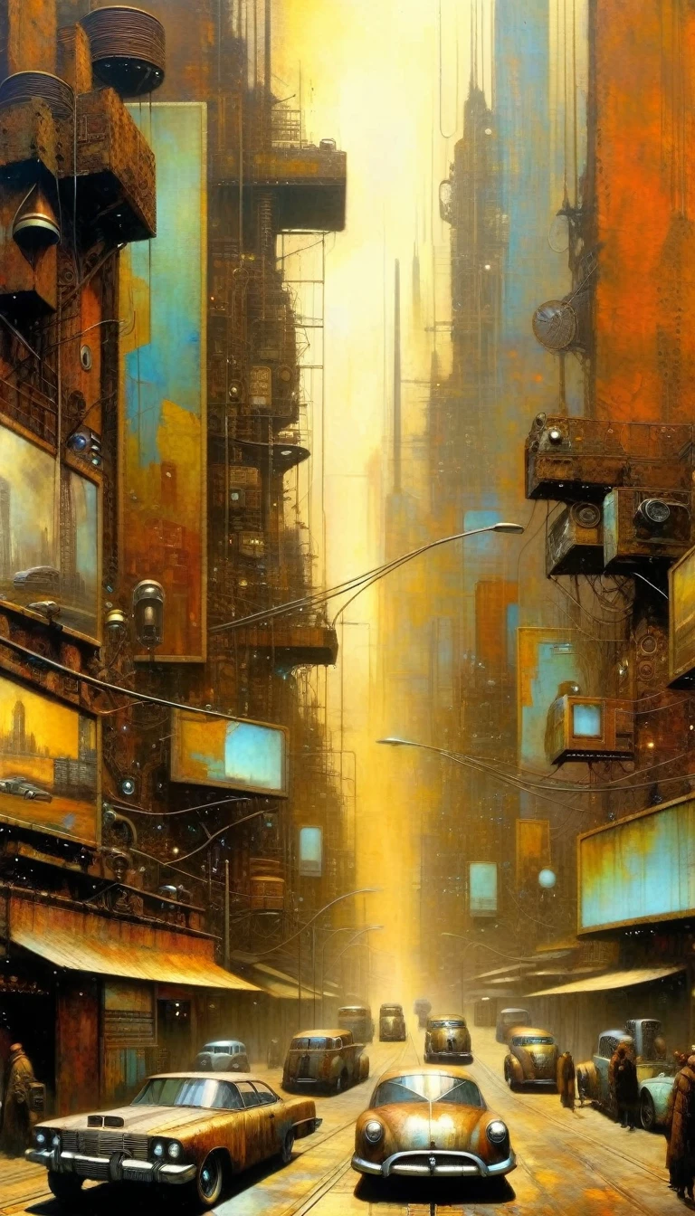futuristic city.1.5, rusty metal city, lots of details, cars, buildings, billboards, (Dave Mckean inspired art, intricate details, oil painting)
