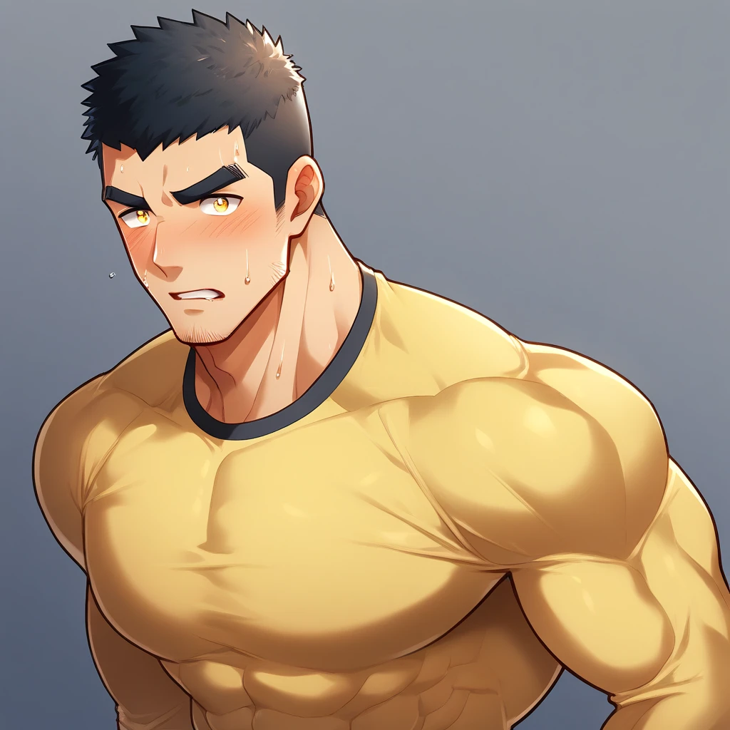 anime characters：Gyee, Muscle Sports Student, 1 muscular tough guy, Manliness, male focus, Light yellow high collar long sleeve tight T-shirt, Very tight, The clothes were soaked with sweat, The pectoral muscles are oversized, Slightly transparent, muscular male, muscular, only, Upper body, alone, Black short hair, Thick eyebrows, stubble, Yellow eyes, Grey background, simple background, amazing quality, best aesthetics, Ridiculous, bright pupils, crew cut, parted lips, shy, blush, moaning, saliva trail, drop shadow, best quality