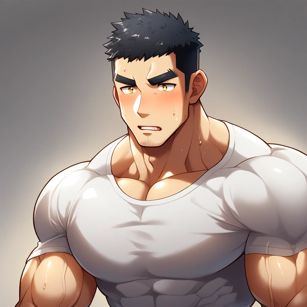 anime characters：Gyee, Muscle Sports Student, 1 muscular tough guy, Manliness, male focus, Light yellow high collar long sleeve tight T-shirt, Very tight, The clothes were soaked with sweat, The pectoral muscles are oversized, Slightly transparent, muscular male, muscular, only, Upper body, alone, Black short hair, Thick eyebrows, stubble, Yellow eyes, Grey background, simple background, amazing quality, best aesthetics, Ridiculous, bright pupils, crew cut, parted lips, shy, blush, moaning, saliva trail, drop shadow, best quality