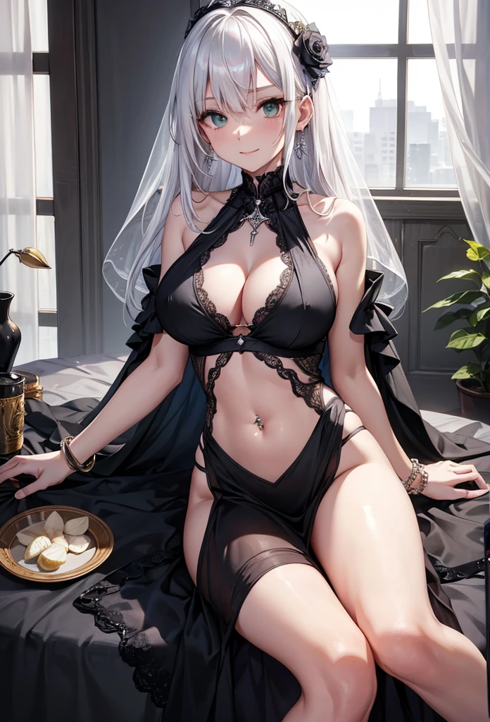 slender, mature female, jewelry, , rating:safe, 1girl, dress, smile, large_, dark_skin, , solo, black_dress, center_opening, earrings, bracelet, green_eyes, looking_at_viewer, sitting, veil, necklace, indoors, sleeveless, thighs, _shoulders, flower, closed_mouth, navel, white_hair, bangs, silver_hair, , piercing, curtains, hair_between_eyes, , cup, sleeveless_dress, navel_cutout, black_, eyebrows_visible_through_hair