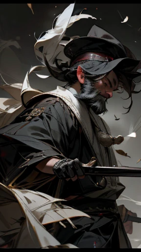 alone、Oriental、Ancient Chinese man in black costume、Feather fan(Handle Feather Fan)、(Wooden handle)、(It is made of many black feathers)have、Highest quality、masterpiece、Ultra-high resolution、(Realistic:1.4)、Game Poster、Crisp and beautiful image quality、(Bearded Man),Ancient Chinese hairstyle with a large plain white beret loosely covering the head like a turban、