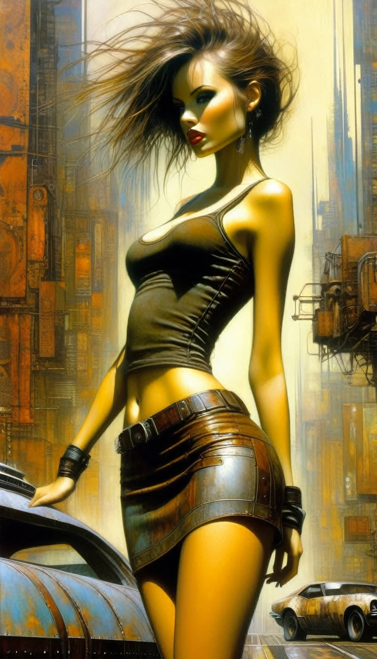 Future sexy girl in a futuristic city.1.5, rusty metal city, lots of details, cars, buildings, billboards, leather miniskirt and very tight tank top, (Dave Mckean inspired art, intricate details, oil painting)