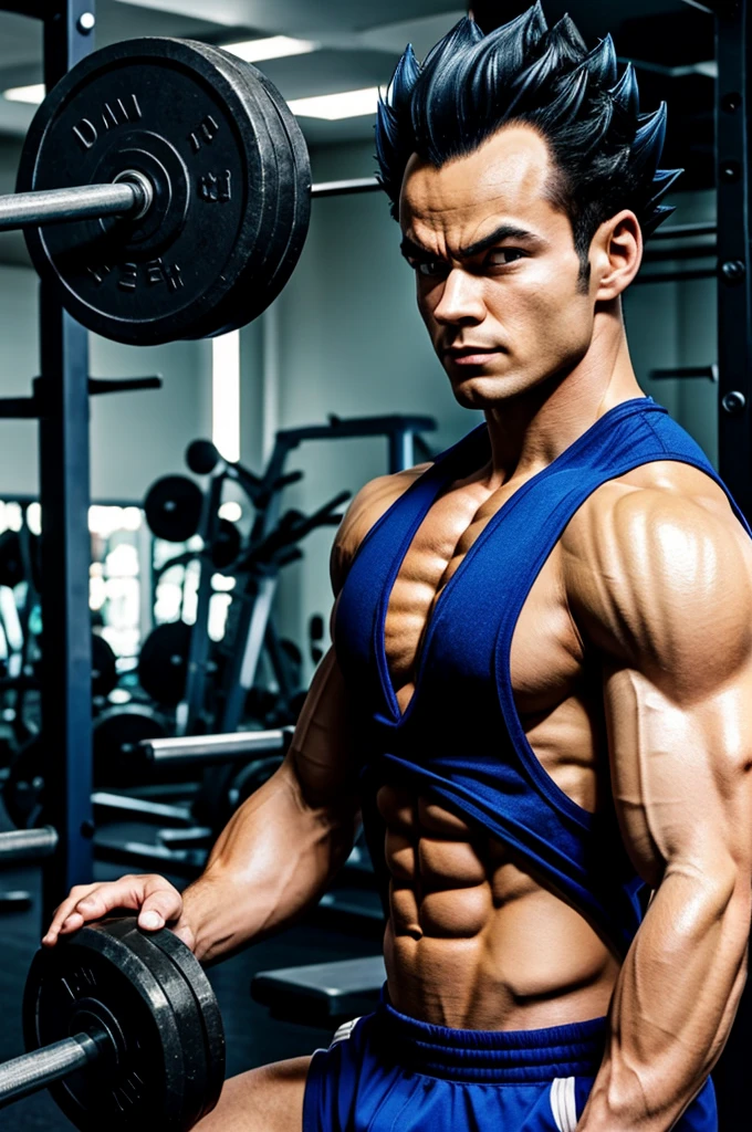 Vegeta anime, doing shoulders with weights in the gym
