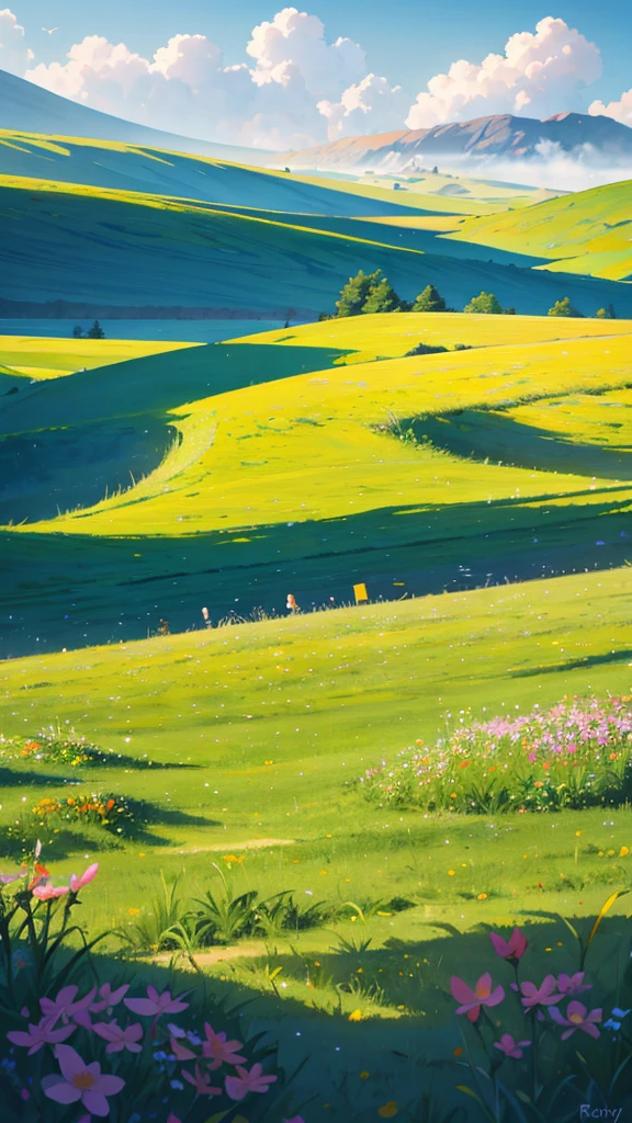 summer, grassland, Deep Field, High-definition quality, Hot weather, Big Cloud, Ray Tracing, illustration, The art of math, Anime style, Trees, Some flowers