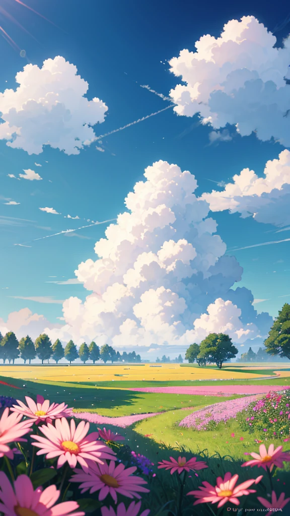 summer, grassland, Deep Field, High-definition quality, Hot weather, Big Cloud, Ray Tracing, illustration, The art of math, Anime style, Trees, Some flowers