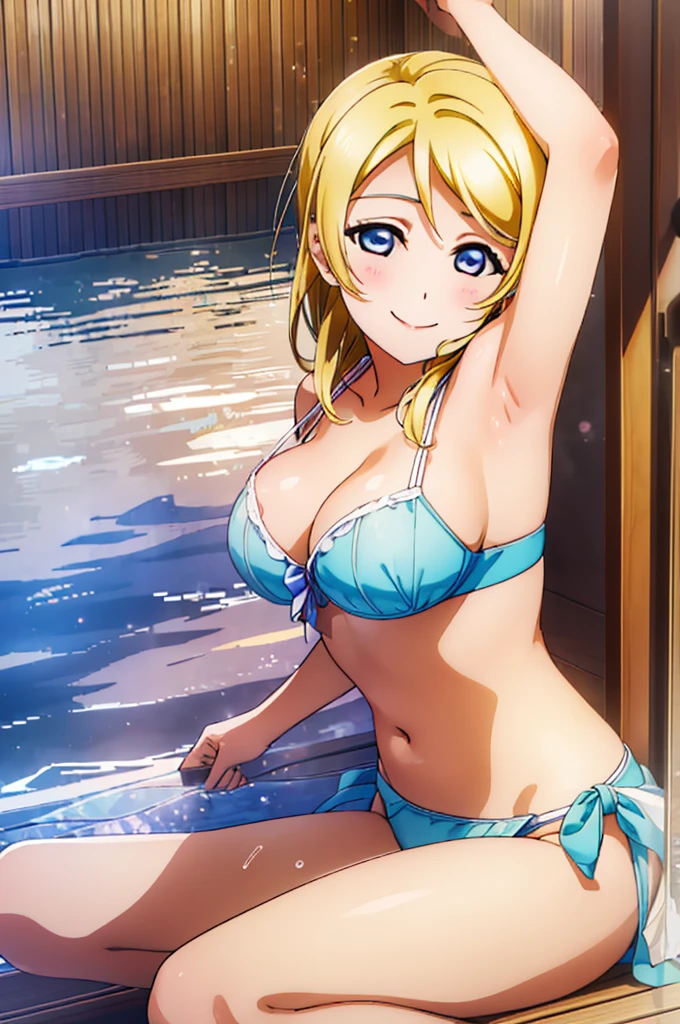(((pixel-perfect, detail-perfect))), solo, 1girl, Eli ayase, smile, eyes azzur, hair blonde, sauna, armpit, bikini, large extreme filesize, ultra High Qality
