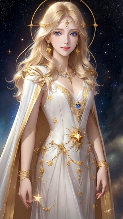 (masterpiece、Highest quality、High resolution、Best lighting、8K)、((One beautiful goddess、Standing posture、フローティング in the sky like a star))、(Gold and jewel decoration、Gold Bracelet、eye、nose、face、Blue Eyes、Elegant and beautiful)、(A look of mercy、Looking at this、Smiling expression、Bright atmosphere、ラeye線)、(whole body、Blonde medium long、Reflected by light、Golden Cape、 White long dress、Beautiful chest、Sleeveless).    The background is a myriad of stars and nebulae、The universe is full of light、