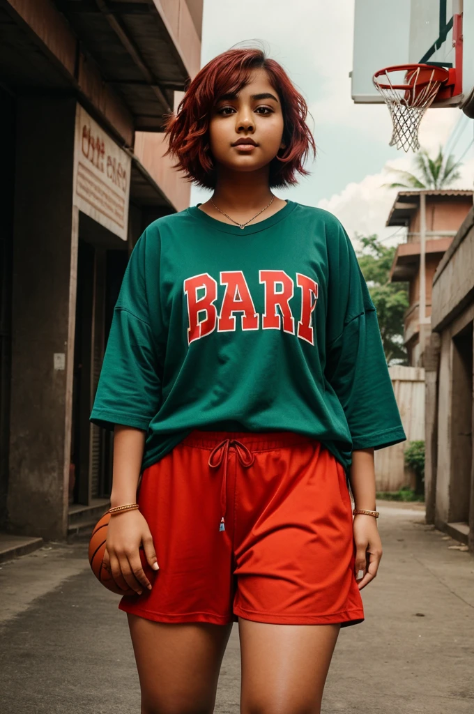 Young chubby Indian girl with short red hair and fair complexion wearing a extremely oversized shirt with a basketball in hand
