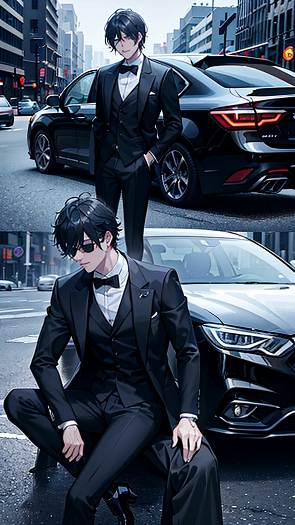 arafed man in a suit leaning on a car in a city, digital art by Yang J, trending on cg society, digital art, black luxurious suit, man in black suit, luxurious suit, neo - noir style, stylish suit, wearing a stylish men's suit, black suit, 3-piece-suit, formal attire, handsome and elegant