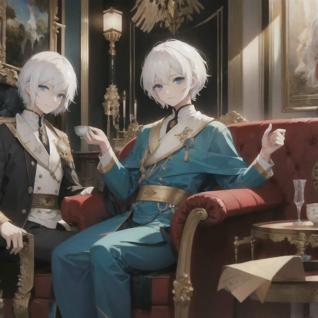 (((White Hair　Short Hair　blue eyes　noble)))　((Noble clothes　Drinking tea　Gold-edged sofa))　(smile)　Shining Edge