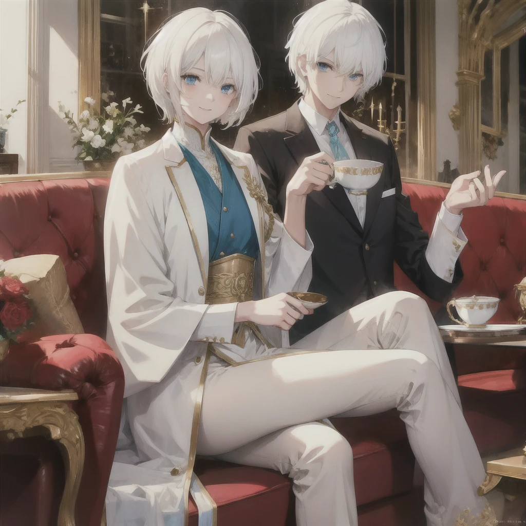 (((White Hair　Short Hair　blue eyes　noble)))　((Noble clothes　Drinking tea　Gold-edged sofa))　(smile)　Shining Edge