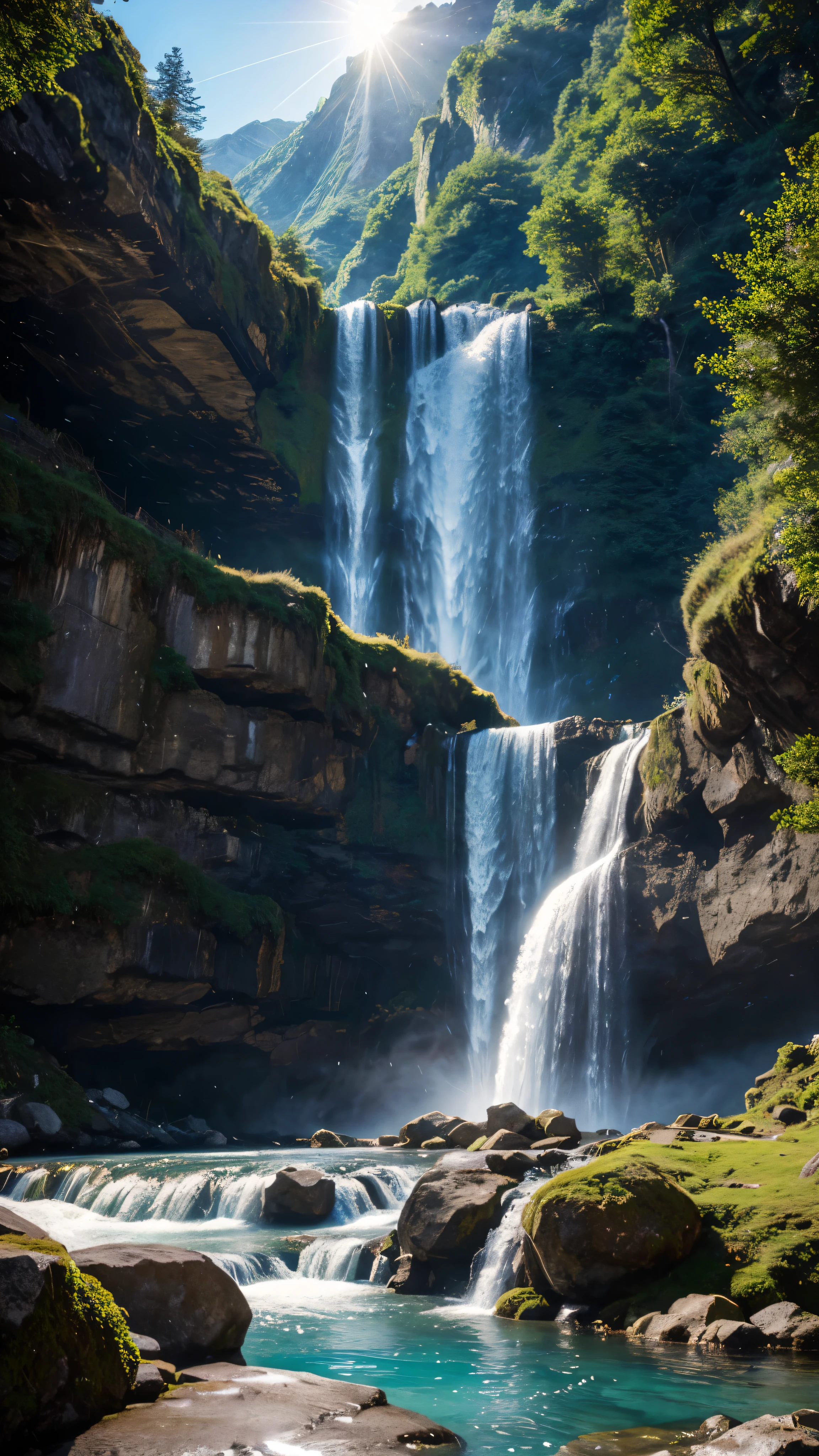 with high definition images，A breathtaking waterfall cascading down a towering mountainside in the majesty of nature、It creates a fascinating scene that represents the pinnacle of landscape art.。This 8K CG Unity masterpiece、Showcasing the waterfall in exquisite detail、Each drop sparkles and shines in the bright sunlight.。Theatrical rays of light pierce the cloudy sky、Surrounding mountains々Cast a dramatic shadow on、Enhances the enchanting charm of the waterfall。 The flowing water seems to dance gracefully around the jagged rocks.、Seamlessly transition from a quiet pool to a roaring spring。The artist has captured the essence