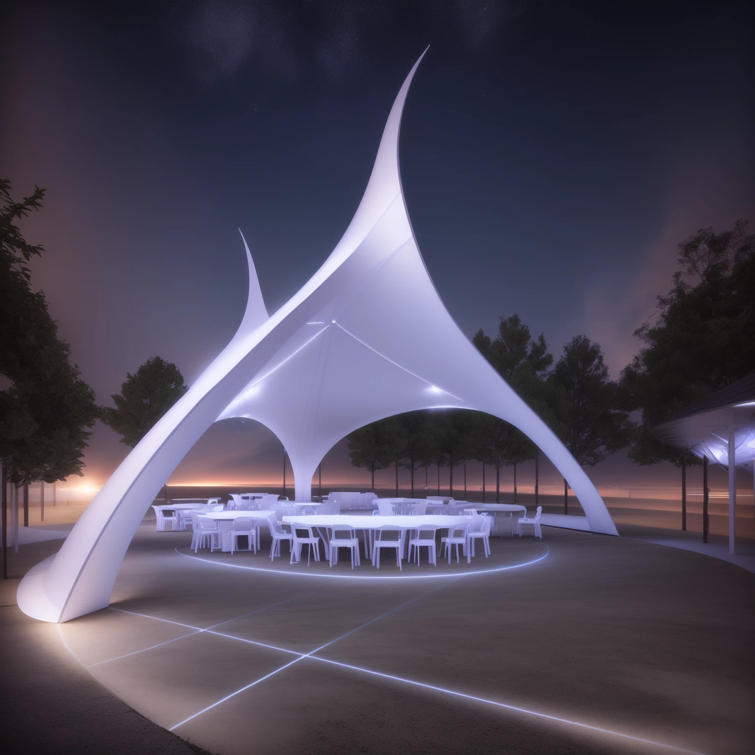 There is a big white tent,There are tables and chairs inside, Covered outdoor stage, tent architecture, Moonlight Rendering, by Zha Shibiao, Futuristic Church, 3D rendering evenly lit, pavilion, Height Rendering, Architectural Visualization, Well-lit 3D rendering, Architectural Rendering, Beautiful rendering, inspired by Zha Shibiao, Architectural Rendering, Architectural Renderinging