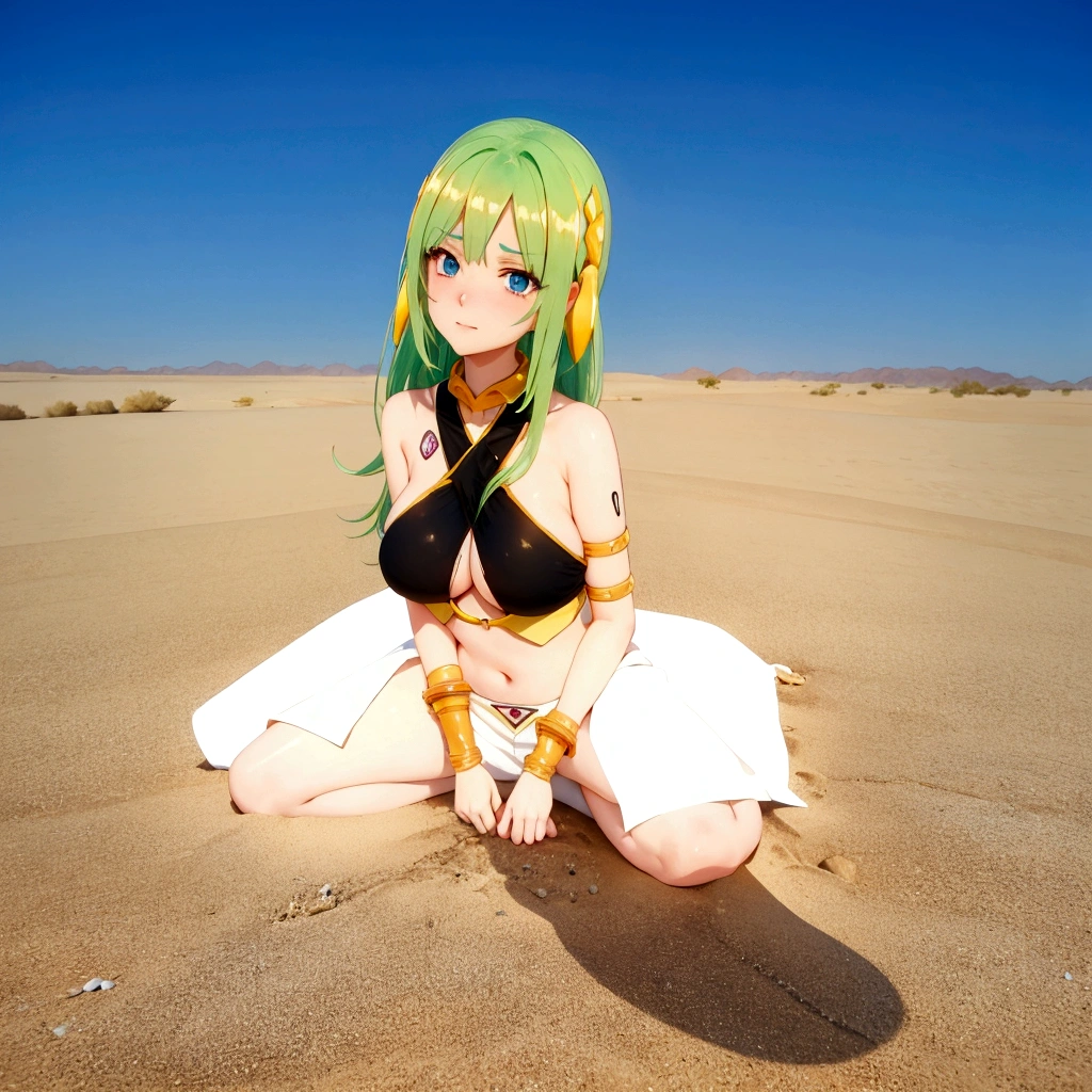 Blue Eyes、Green haired anime girl sitting on the beach with white sheets, In the desert, Somewhere in the desert, In the desert, In the desert, 静かな広大なIn the desert, Lying on the sand, Desert Fantasy, Snake Pose, In the desert, Cute 3D anime girl render, In the desert beside the gulf, Anime-style 3D
