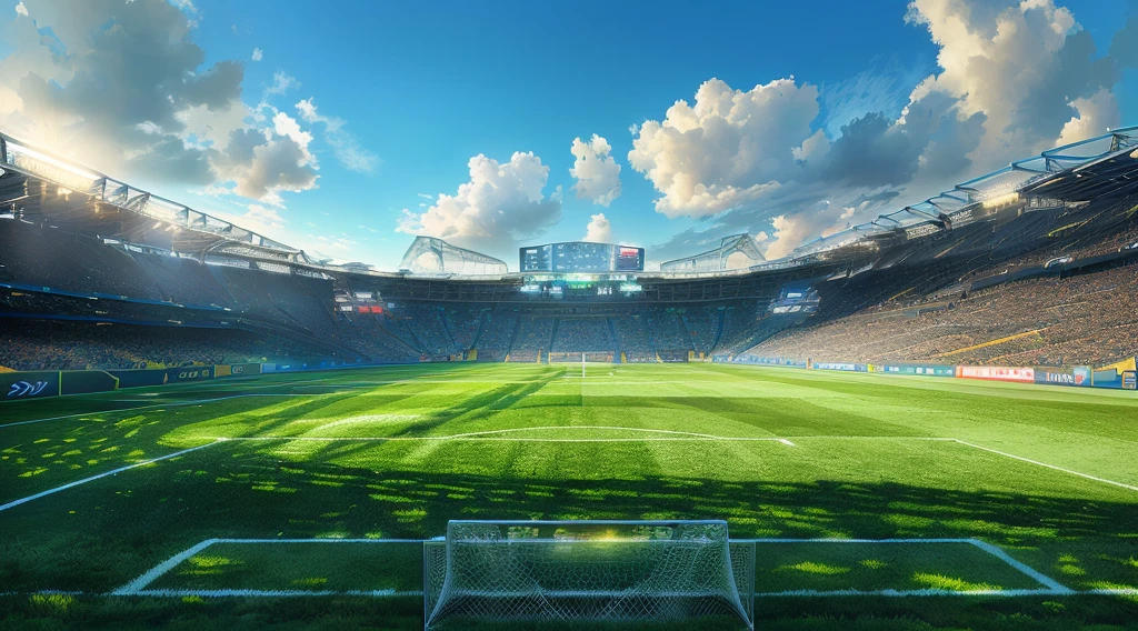there is a soccer field with a goal in the middle of it, soccer stadium, stadium landscape, beautiful atmosphere, stunning atmosphere, beautiful sunny day, stadium, on a soccer field, highly detailed atmosphere, gorgeous atmosphere, stadium setting, futuristic sport arena, sunny atmosphere, highly detail wide angle photo, realistic wide angle photo, beautiful late afternoon, epic stunning atmosphere