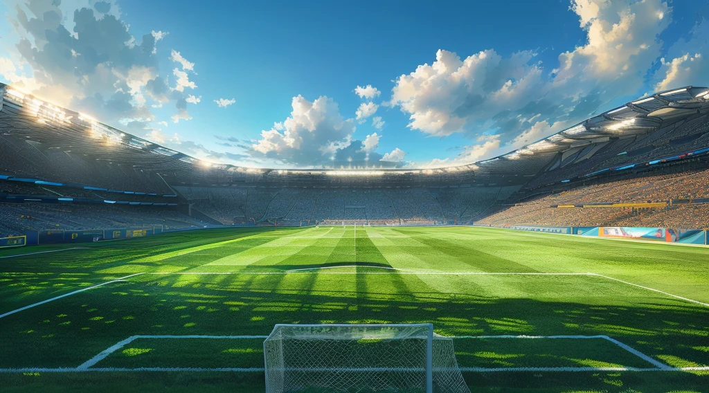 there is a soccer field with a goal in the middle of it, soccer stadium, stadium landscape, beautiful atmosphere, stunning atmosphere, beautiful sunny day, stadium, on a soccer field, highly detailed atmosphere, gorgeous atmosphere, stadium setting, futuristic sport arena, sunny atmosphere, highly detail wide angle photo, realistic wide angle photo, beautiful late afternoon, epic stunning atmosphere