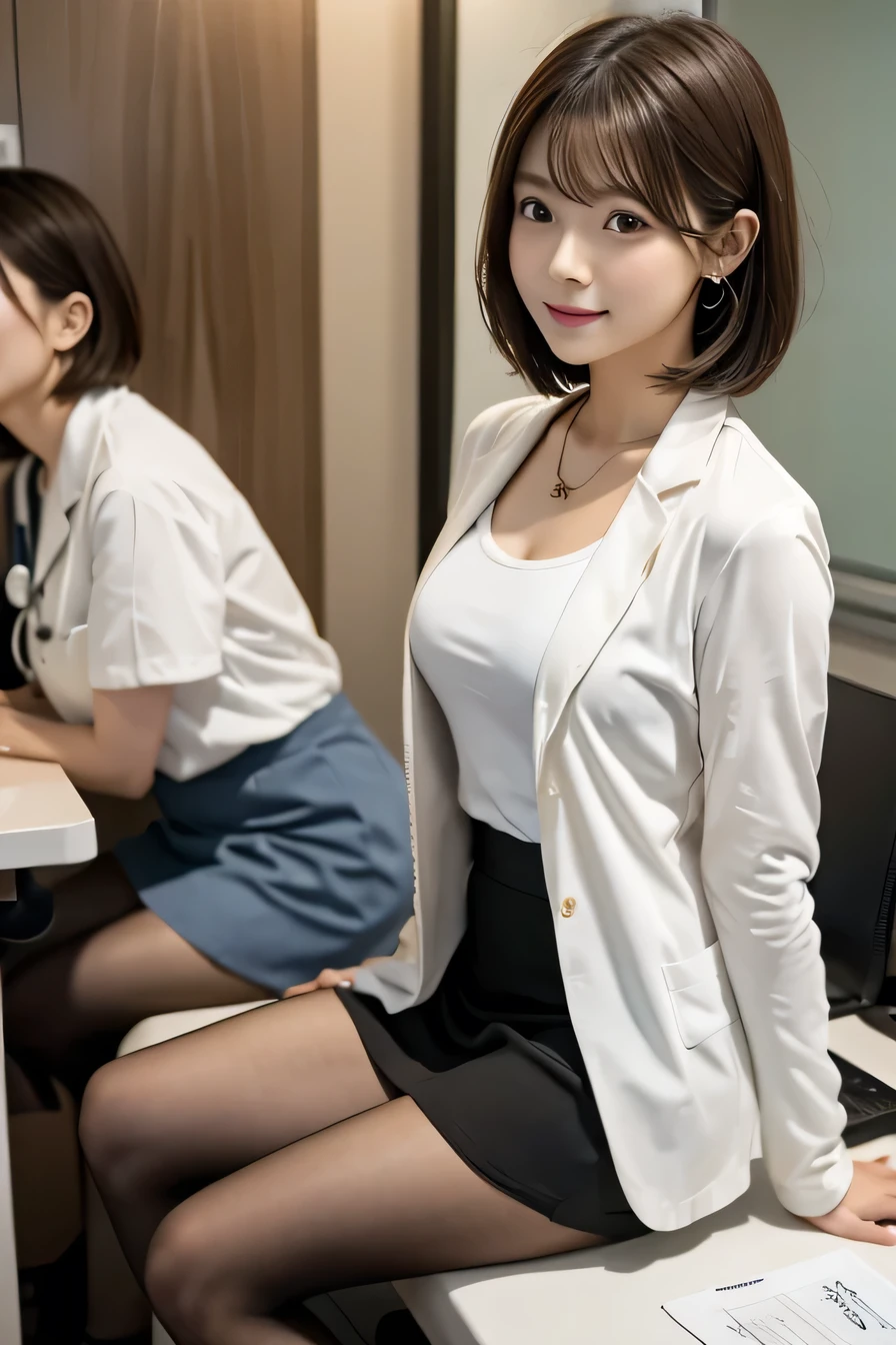 Beautiful young woman、 Japanese women、Woman sitting in a hospital examination room、(Full body photo)Brown Hair、Necklace around the neck、White、shirt、Knee-length skirt、tights、pumps、Stethoscope、short hair、Intricate details, Very detailed:1.2), 、 Looking into the camera,The background is the examination room...、ear piercing