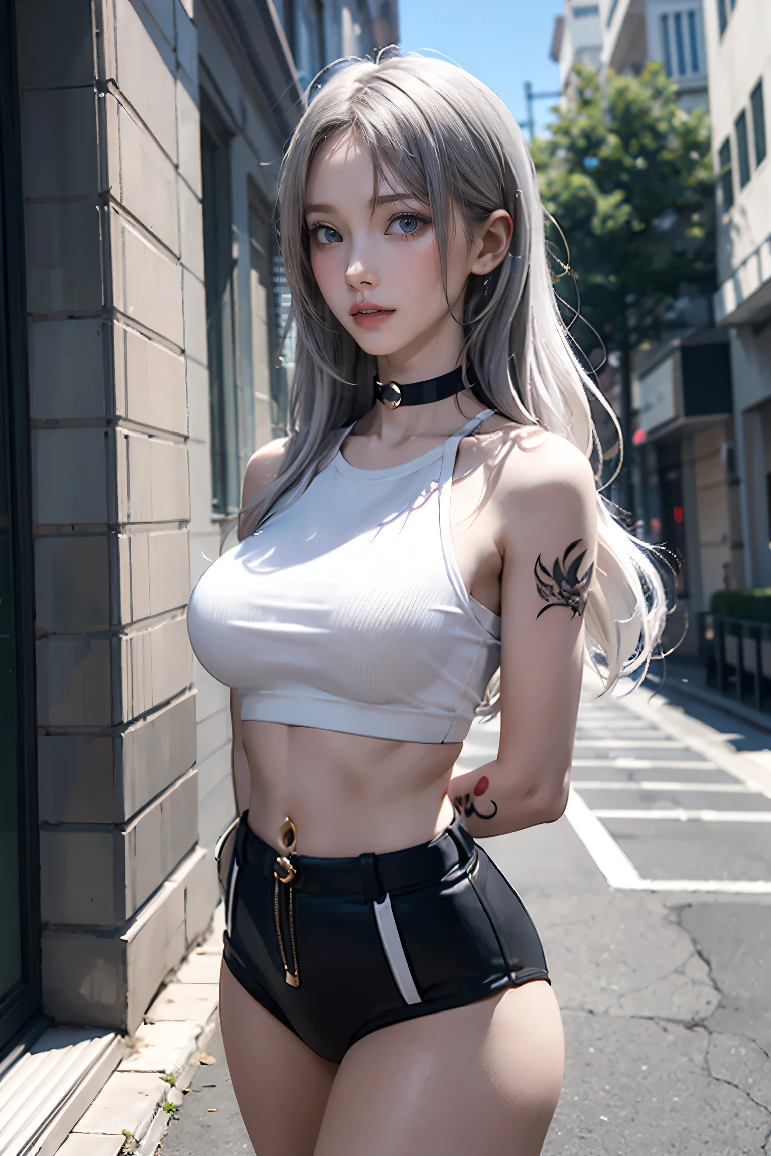 Beautiful college girl in the city,masterpiece,light makeup,Red lips,Silver Hair,Disheveled long hair,Street background,Grace,Grace。A masterpiece of ultra-fine detail,Authentic texture,Realism in film lighting,Perfect piece,,khd,Delicate facial features,White skinny turtleneck top,white skinny shorts,Slim figure,Big bright eyes,Smooth Skin,Ear discharge,Choker Necklace,(((He has many tattoos all over his body)), (((Tight waist))), ((Big Breasts)),(See through),panties,(NSFW:0.5)