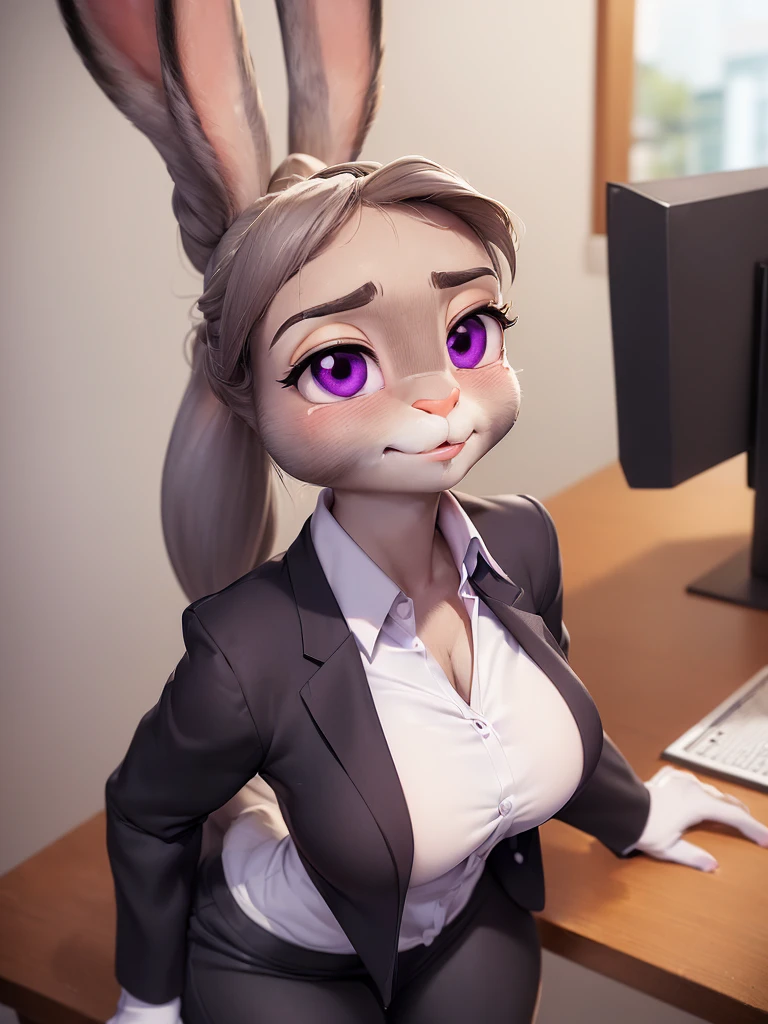 best quality,
masterpiece,
3D anime,
(((solo))),
(((1girl))),
(((Face is JudyHopps))),
(long ears like a rabbit:0.8),
Heir is in a ((ponytail)) style,
see-through bangs,
wispy bangs,
((Her eyes color is purple)),
6.5 head and body,
office suit,
office business suit outfit
office lady,
(((white blouse unbuttoned))),
Navel exposed,
(outfit is made of wool:1.4),
(((body is made of wool fabric))),
(((body is gray with fluffy and fluffy))),
(((skin is wool fabric with fluffy and fluffy))),
((She is blushing in the cheeks)),
((clavicle is emphasized)),
take off jacket,
((looks like crying))