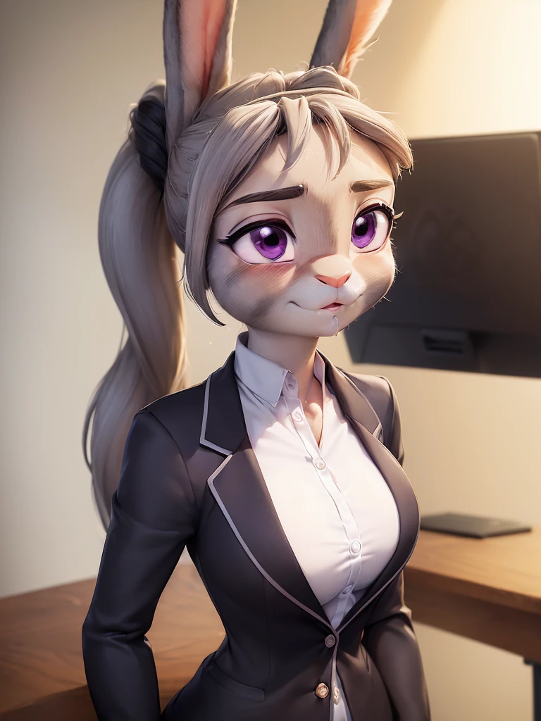 best quality, masterpiece, 3D anime, ((solo)), ((1girl)), ((Face is JudyHopps)), (long ears like a rabbit:0.8), Heir is beige bobheir style, Body is human lady, mini skirt suit, (two-piece suit:0.5), office business suit stlye, (the suit is made of wool:1.4), suit color is {gray stripe, red, yellow, green, white, black}, ((skin is silver with fluffy and fluffy)), back view, sideways glance, In the background there is a secret room, ((She is sitting office chair with a backrest, turning around when someone calls out, a look of surprise, blushing in the cheeks))