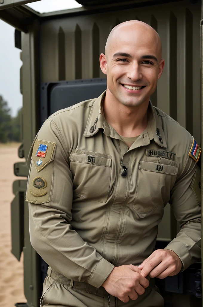 ((8k ((best quality)), ((masterpiece)), (very detailed), real face bald male muscular male full body wear soldiers suit stand by military truck smiling
