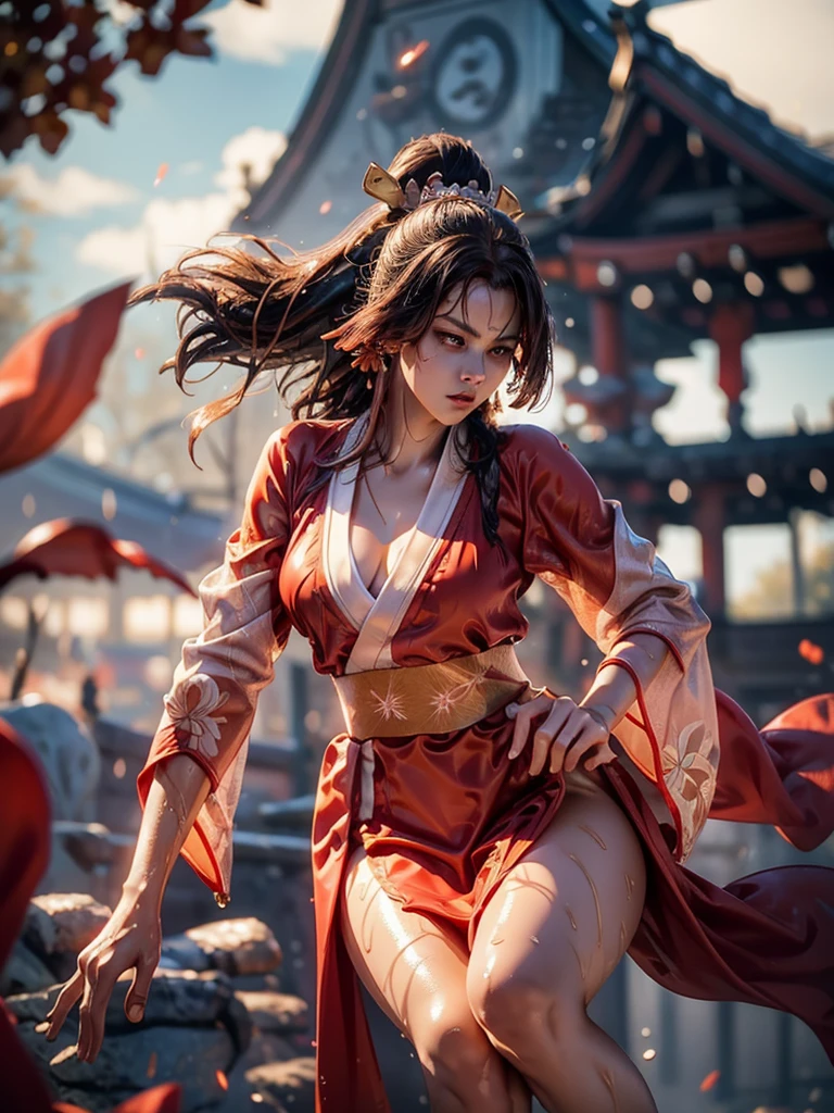 (exquisitely detailed CG unity 8k wallpaper, masterpiece-quality with stunning realism), (best illumination, best shadow), (best quality), (elegant style:1.2), Arti modern anime. angled view, heroic pose, midshot, (cel-shading style:1.3), centered image, ultra detailed closeup portrait of (Mai Shiranui:1) from (King of Fighters), best quality, expressive eyes, perfect face, highres, (ultra details), 1 girl, solo, brown hair, hair ornament, eyeshadow, gold, white and red qipao, highly ornamented, in the city of Japan, portrait, looking at the viewer, piercing eyes, full body, (light from the angle:1) (wind blowing:1.2).(depth of field effects:1.3) (motion action:1.2) (closeup:1.2) (angled closeup photography:1), (motion blur effects:1), wide angles, spreading feet, Thin to transparent,see-through,(((Soggy-kimono:1.2))),Lace fabric, (((water-immersed body: 0.9))),jewelry, relaxing pose, (dress on fire:.7), ((Leaning forward:1)), (pretty young face:1) (sexy coy expression:1), (makeup:1)
