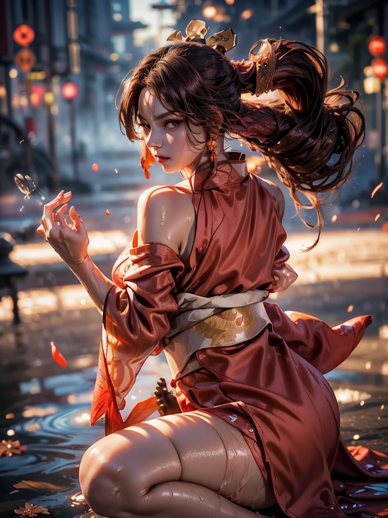 (exquisitely detailed CG unity 8k wallpaper, masterpiece-quality with stunning realism), (best illumination, best shadow), (best quality), (elegant style:1.2), Arti modern anime. angled view, heroic pose, midshot, (cel-shading style:1.3), centered image, ultra detailed closeup portrait of (Mai Shiranui:1) from (King of Fighters), best quality, expressive eyes, perfect face, highres, (ultra details), 1 girl, solo, brown hair, hair ornament, eyeshadow, gold, white and red qipao, highly ornamented, in the city of Japan, portrait, looking at the viewer, piercing eyes, full body, (light from the angle:1) (wind blowing:1.2).(depth of field effects:1.3) (motion action:1.2) (closeup:1.2) (angled closeup photography:1), (motion blur effects:1), wide angles, spreading feet, Thin to transparent,see-through,(((Soggy-kimono:1.2))),Lace fabric, (((water-immersed body: 0.9))),jewelry, relaxing pose, (dress on fire:.7), ((Leaning forward:1)), (pretty young face:1) (sexy coy expression:1), (makeup:1)
