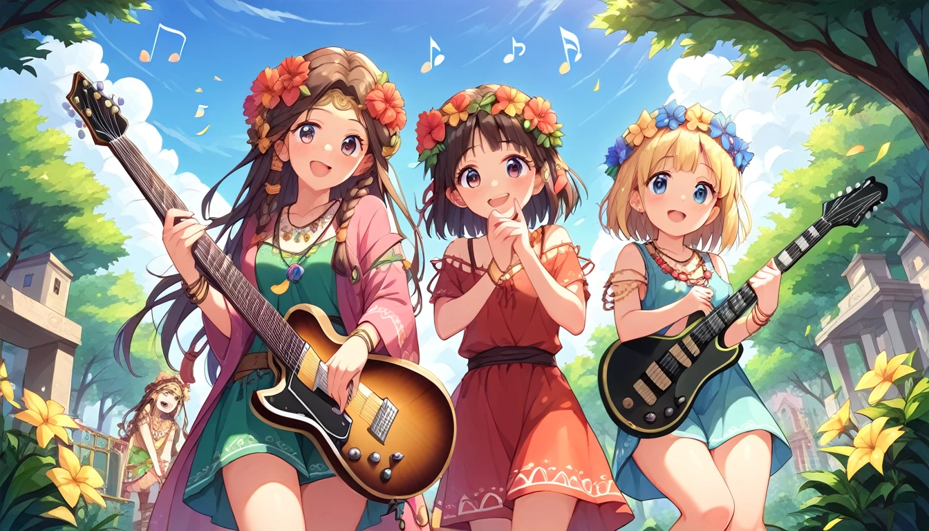 ((multiple girls:1.3)), ((moe style:1.3)), ((hippie:1.3)), ((guitar:1.3)), ((music studio:1.3)), ((centerfold:1.3)), ((extremely feminine:1.3)), perfect hands, ((perfect face)), ((extremely cute:1.3)), ((masterpiece)), ((8k)), ((best quality)), ((beautiful)), ((extremely detailed:1.3)) , ((absurdres)), AddXL, ((score_9:1.3)), ((score_8_up:1.3)), ((score_7_up:1.3)),