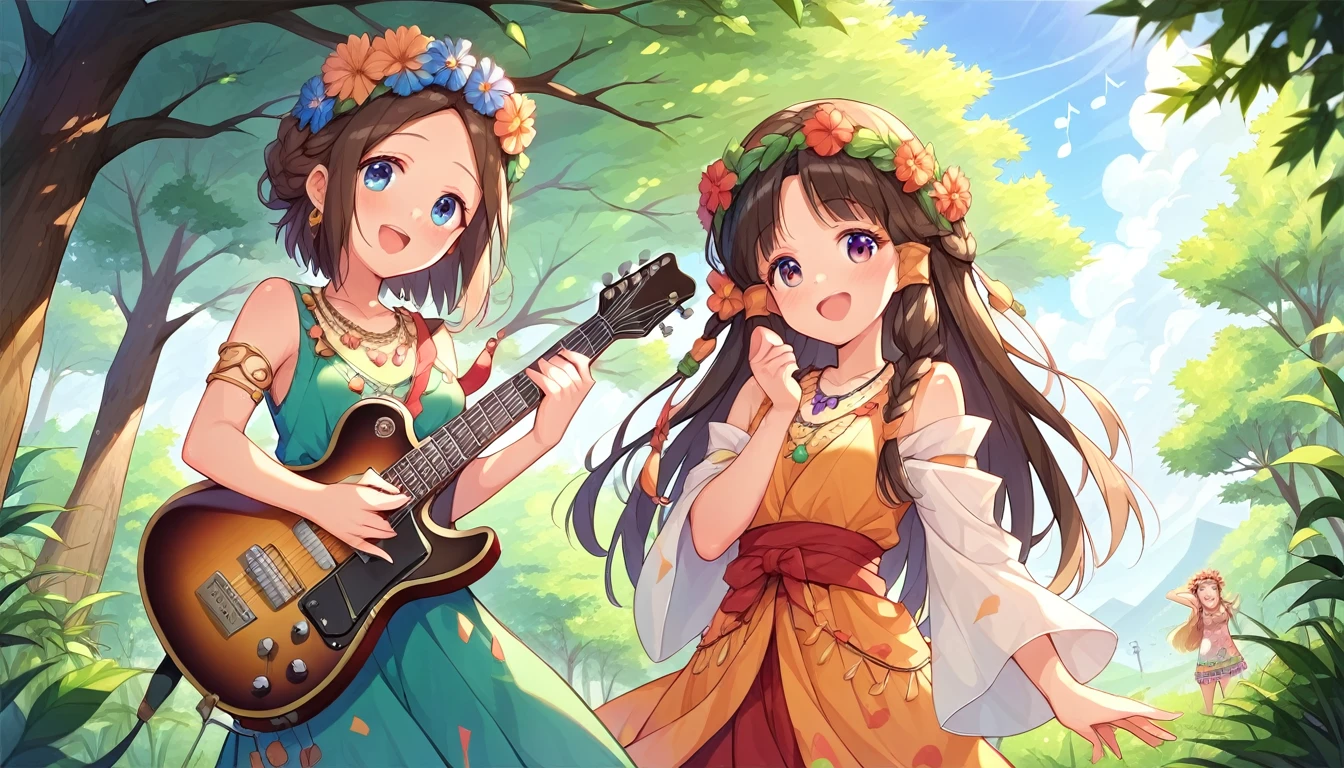 ((multiple girls:1.3)), ((moe style:1.3)), ((hippie:1.3)), ((guitar:1.3)), ((music studio:1.3)), ((centerfold:1.3)), ((extremely feminine:1.3)), perfect hands, ((perfect face)), ((extremely cute:1.3)), ((masterpiece)), ((8k)), ((best quality)), ((beautiful)), ((extremely detailed:1.3)) , ((absurdres)), AddXL, ((score_9:1.3)), ((score_8_up:1.3)), ((score_7_up:1.3)),