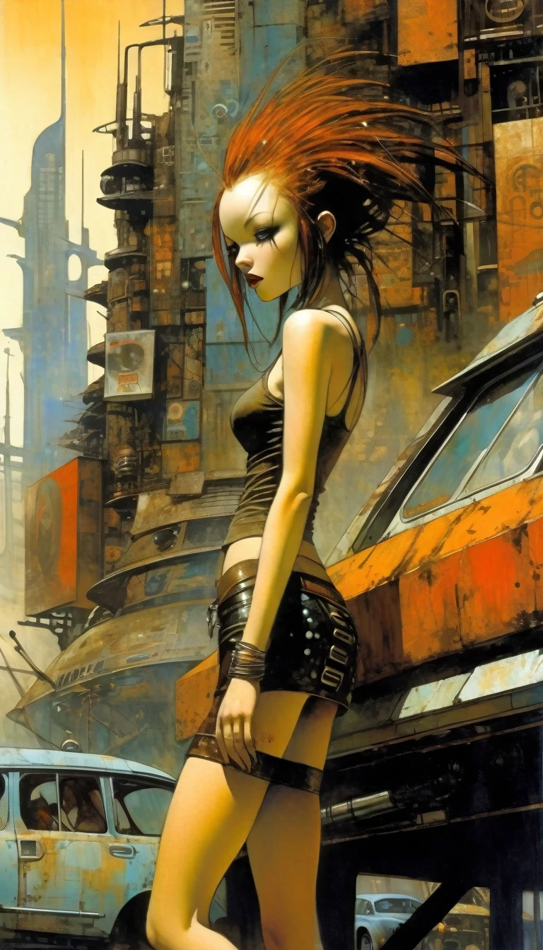 Future sexy girl in a futuristic city.1.5, rusty metal city, lots of details, cars, buildings, billboards, leather miniskirt and very tight tank top, (Dave Mckean inspired art, intricate details, oil painting)
