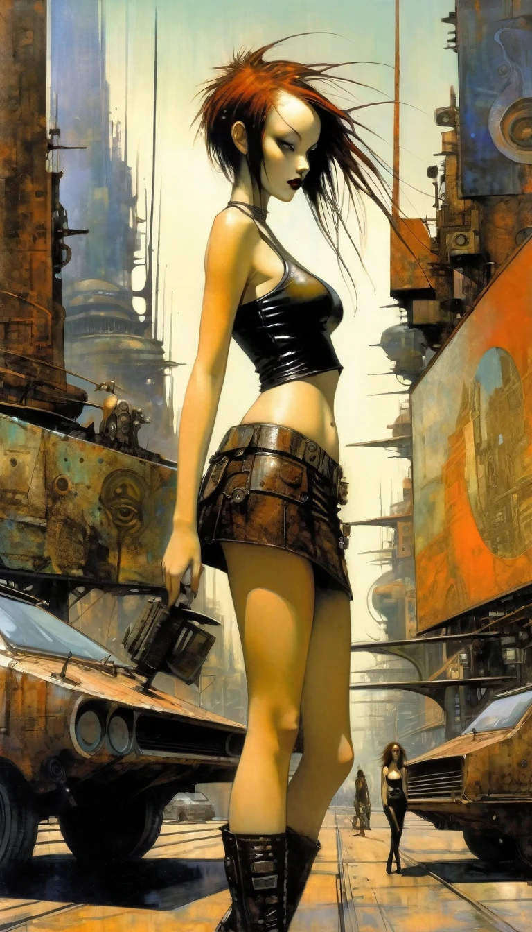 Future sexy girl in a futuristic city.1.5, rusty metal city, lots of details, cars, buildings, billboards, leather miniskirt and very tight tank top, (Dave Mckean inspired art, intricate details, oil painting)
