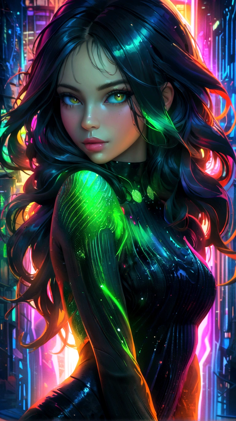 a woman in a black dress with neon lights on the body, light wave girl portrait, Beautiful digital artwork, Detailed 4K digital art, gorgeous digital art, obra de Artedigital 4K, colorful glow, just kidding, colorful digital fantasy art, beautiful gorgeous digital art, Artedigital 4K, Artedigital 4K, neon digital art, cyberpunk art style