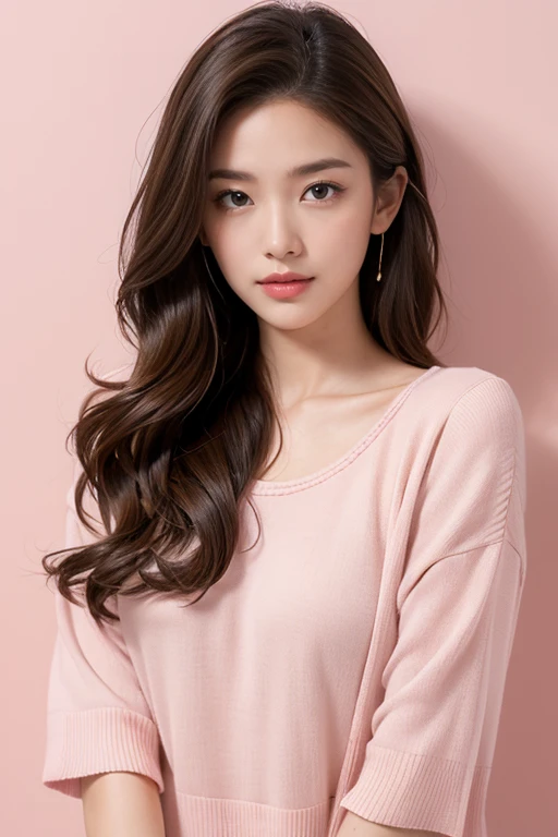 highest quality、4K、Beautiful lady、Perfect Face、Perfect Style、model、perfect body、Sunburn、beautiful lady、mature、long curly layer brown hair、Swept-back hair、full body, sexy 、charming、healthy、
BREAK pink wall