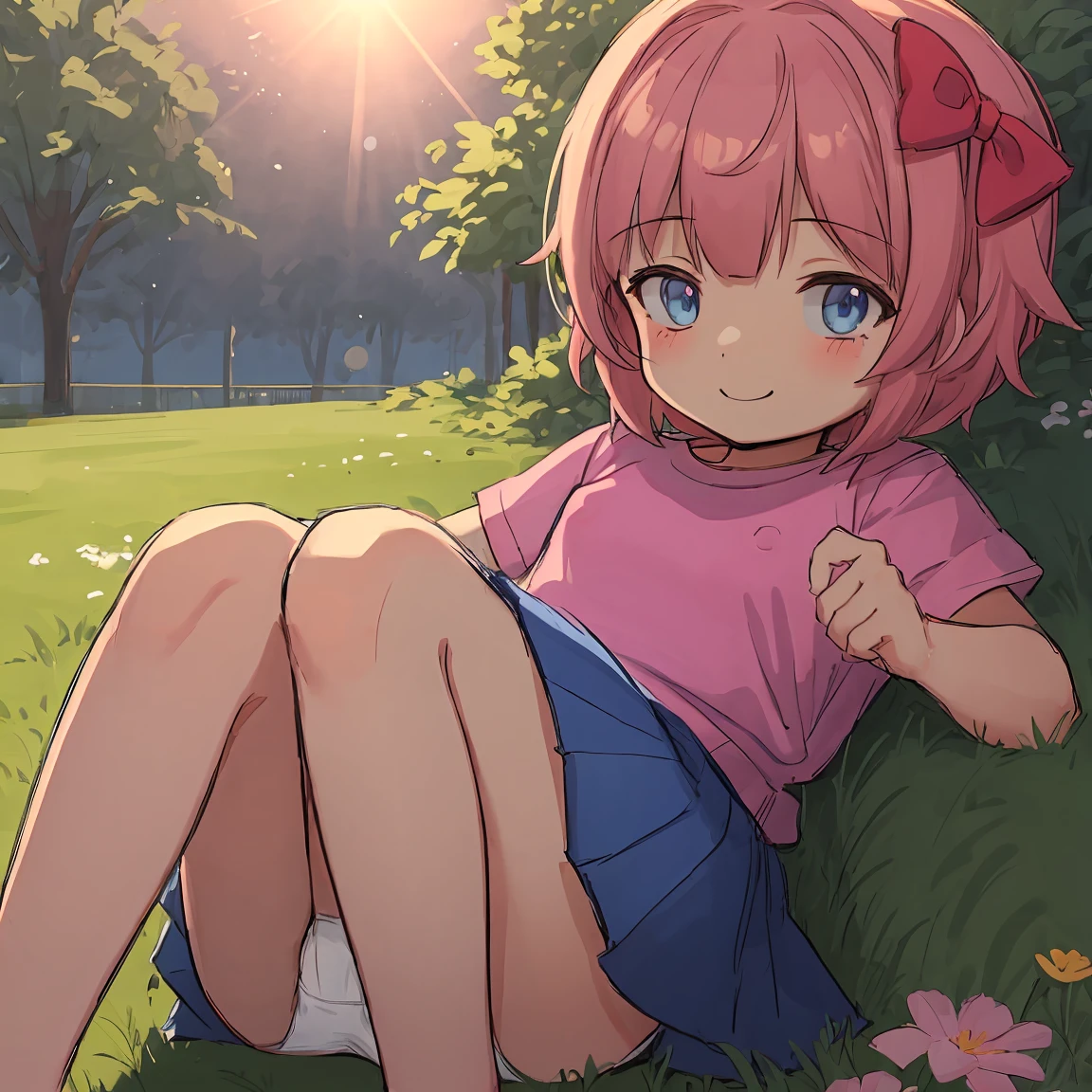 best quality, 1girl, sayori, portrait, solo, (light blush:0.5), (blush:0.2), short hair, pink hair, blue eyes, (small breasts:1.1), smile, (petite:0.5), , (loli:1.8), stch, (pink t-shirt:1.5), no bra, hair bow, red bow, (blue skirt:1.3), (nipple outline:0.9), (covered nipples:1.5), sunlight, sun beams, laying on grass, laying down, (knees up:1.5), park, surrounded by flowers, (evening setting), sweet expression, (sfw:0.7), (ecchi:1.2), happy, (white panties:1.4), cameltoe, from below, (legs open:1.3)