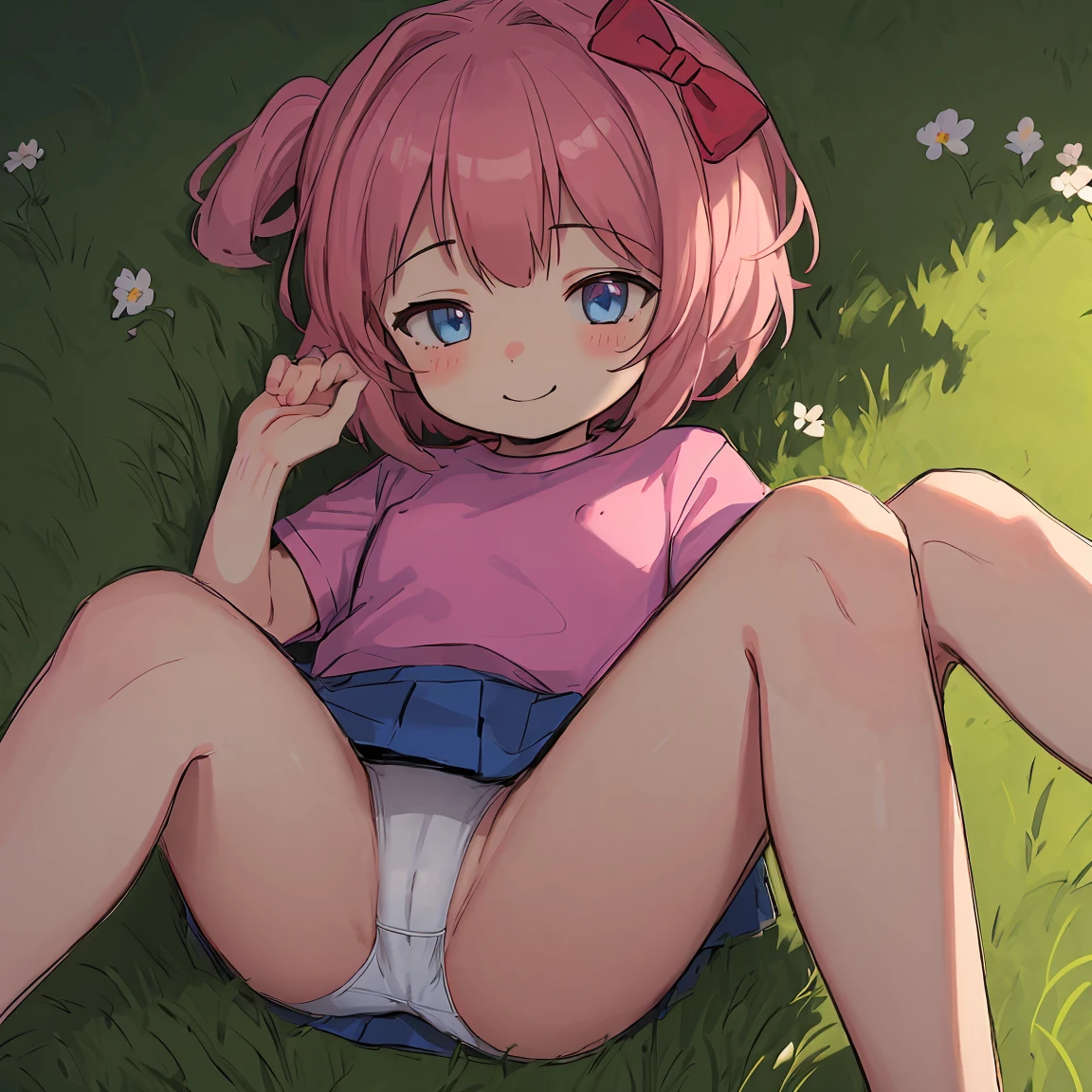 best quality, 1girl, sayori, portrait, solo, (light blush:0.5), (blush:0.2), short hair, pink hair, blue eyes, (small breasts:1.1), smile, (petite:0.5), , (loli:1.8), sh, (pink t-shirt:1.5), no bra, hair bow, red bow, (blue skirt:1.3), (nipple outline:0.9), (covered nipples:1.5), sunlight, sun beams, laying on grass, laying down, (knees up:1.5), park, surrounded by flowers, (evening setting), sweet expression, (sfw:0.7), (ecchi:1.2), happy, (white panties:1.4), cameltoe, from below, (legs open:1.3)