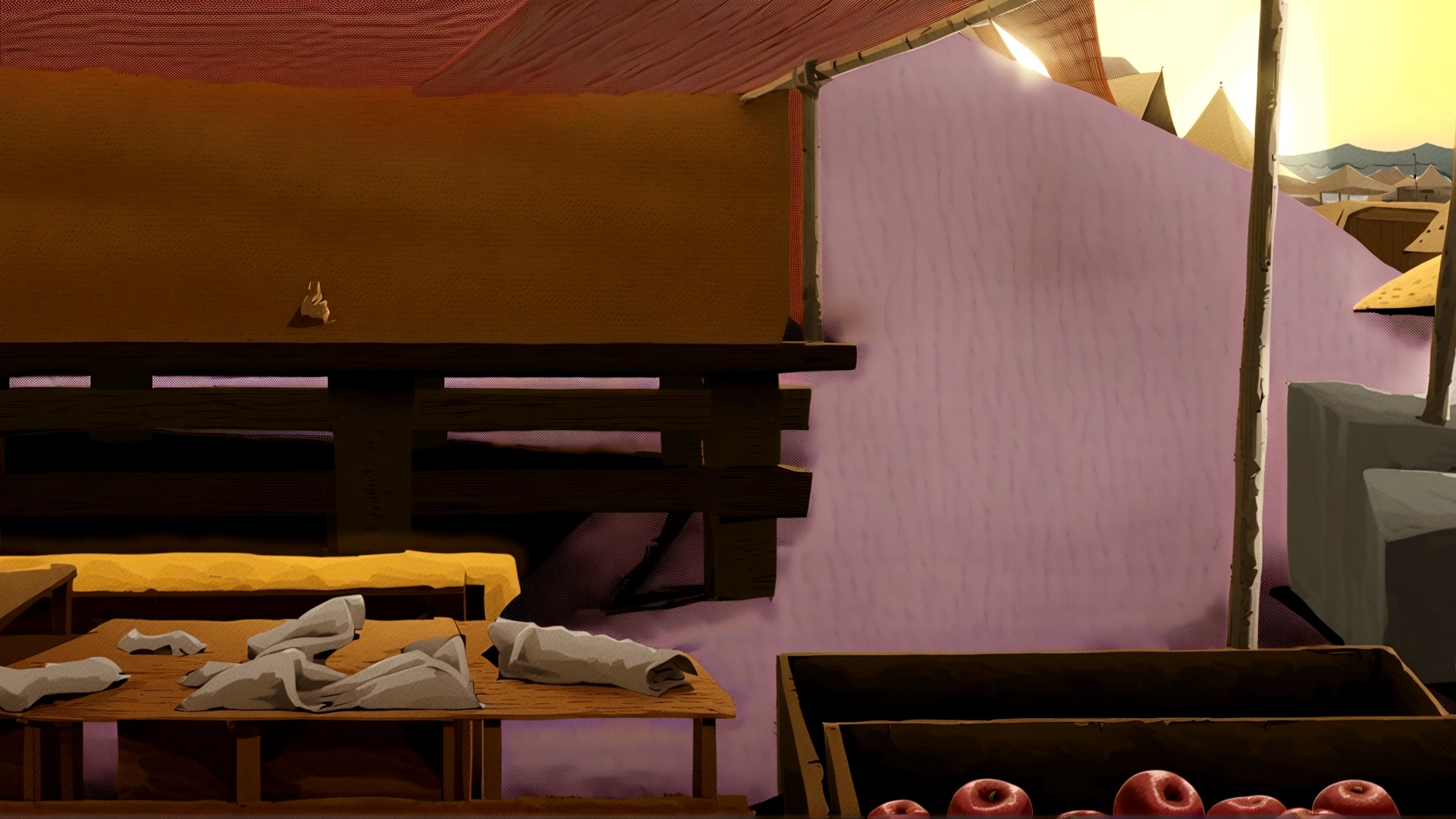 traditional market, market stall, (market tens), wooden box, wooden table, (sand ground, sand hill behind the stall), dawn time, early morning, 