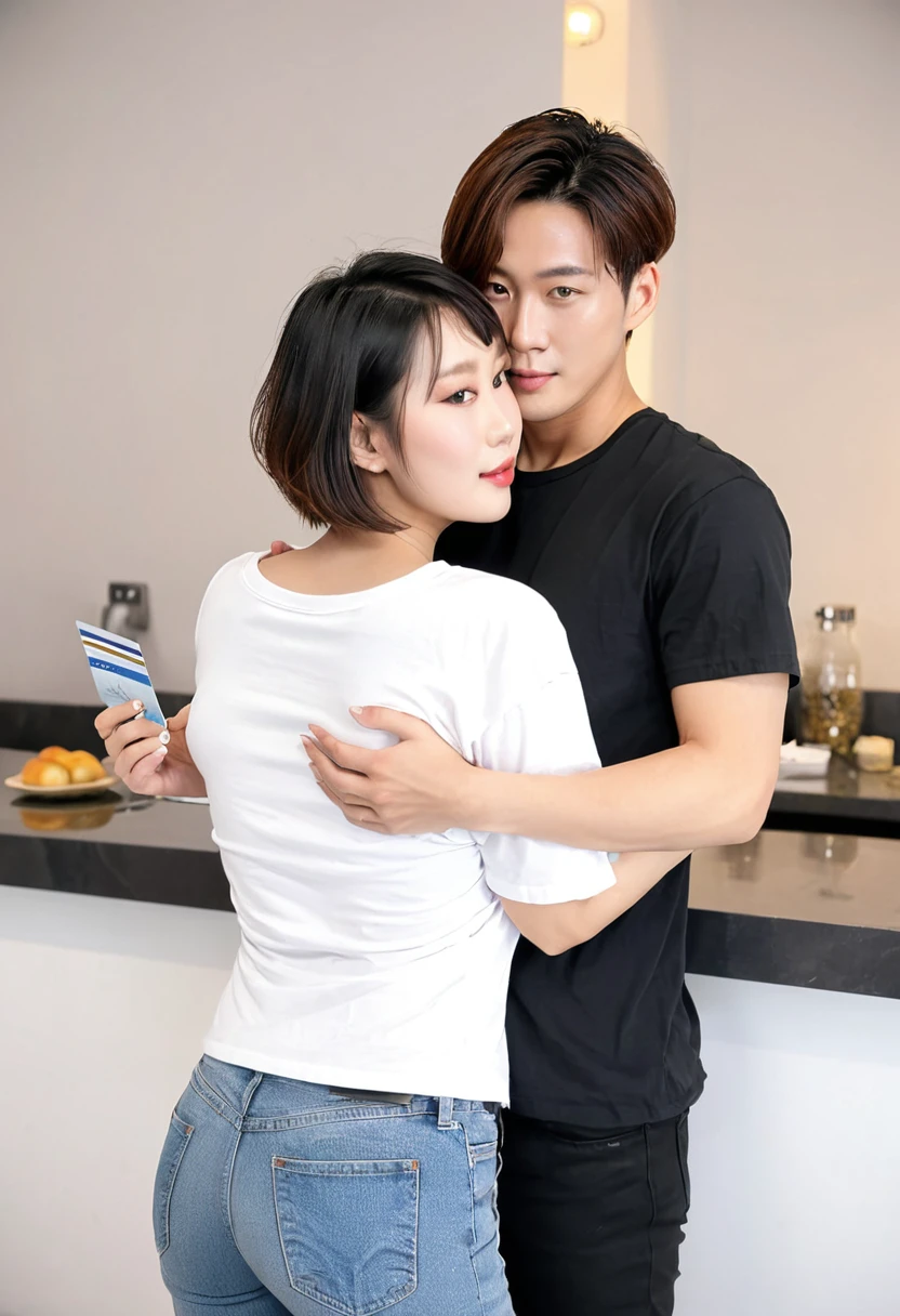 AI big breasts_human Asian male性 male wild Short Hair short hair White T-shirt Hug her from behind holding credit card