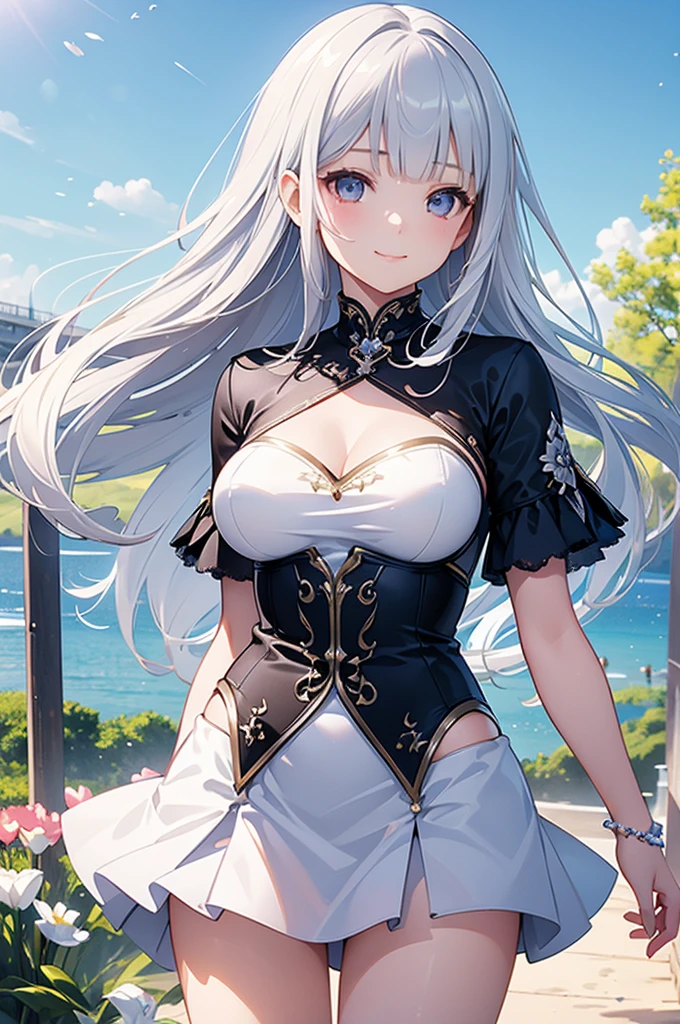 masterpiece, Highest quality, Super detailed, figure, (Realistic:1.3),cute, girl, alone, Silver Hair, Fairy, Blunt bangs, Tight tube top,Race Queen, Large ,,smile, flower, spring,blue sky,Low angle shot,